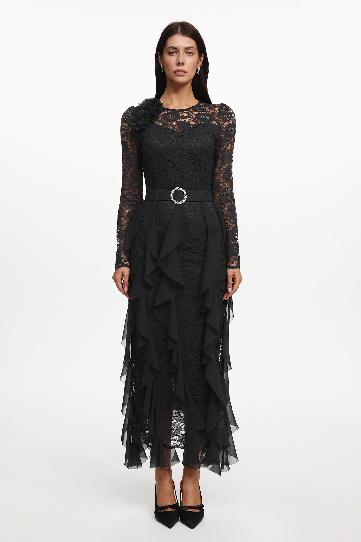 Eyola Elegant Flowy Long Sleeve Lace Ruffle Woven Maxi Dress