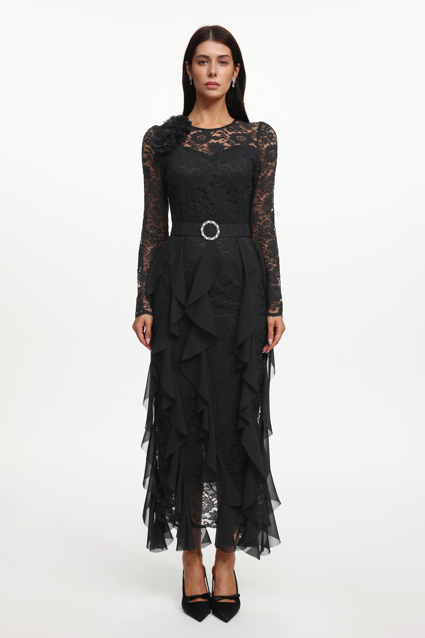 Eyola Elegant Flowy Long Sleeve Lace Ruffle Woven Maxi Dress