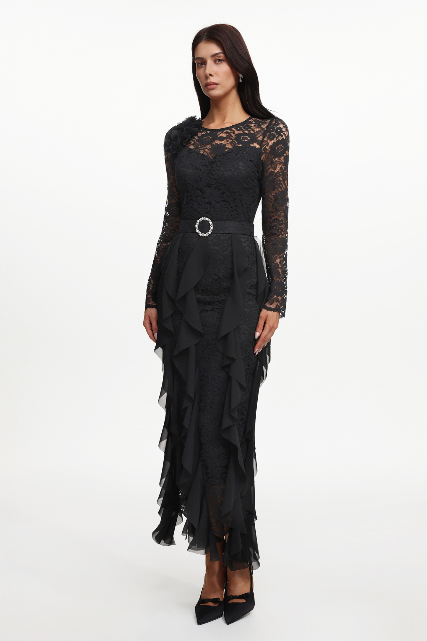 Eyola Elegant Flowy Long Sleeve Lace Ruffle Woven Maxi Dress