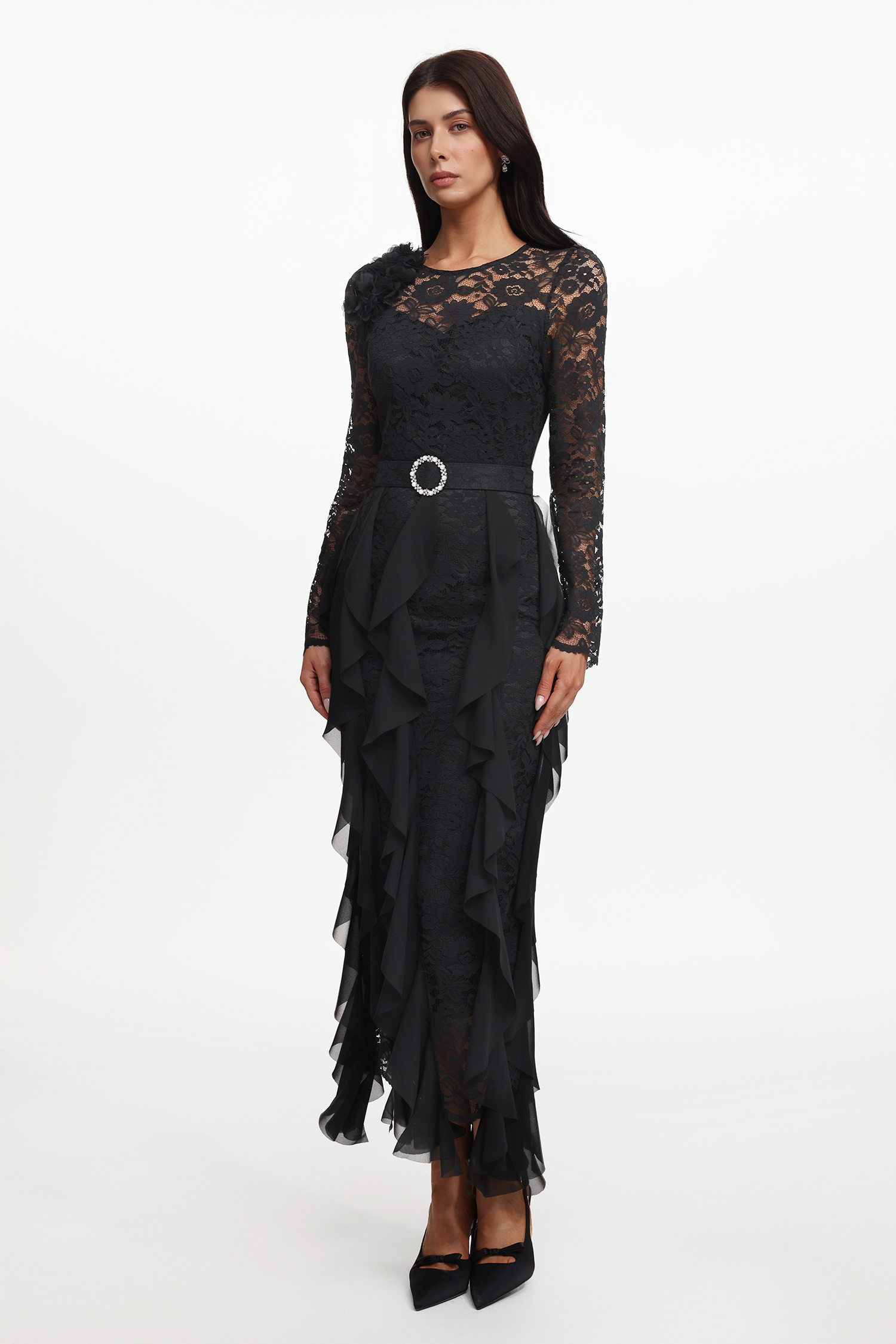 Eyola Elegant Flowy Long Sleeve Lace Ruffle Woven Maxi Dress