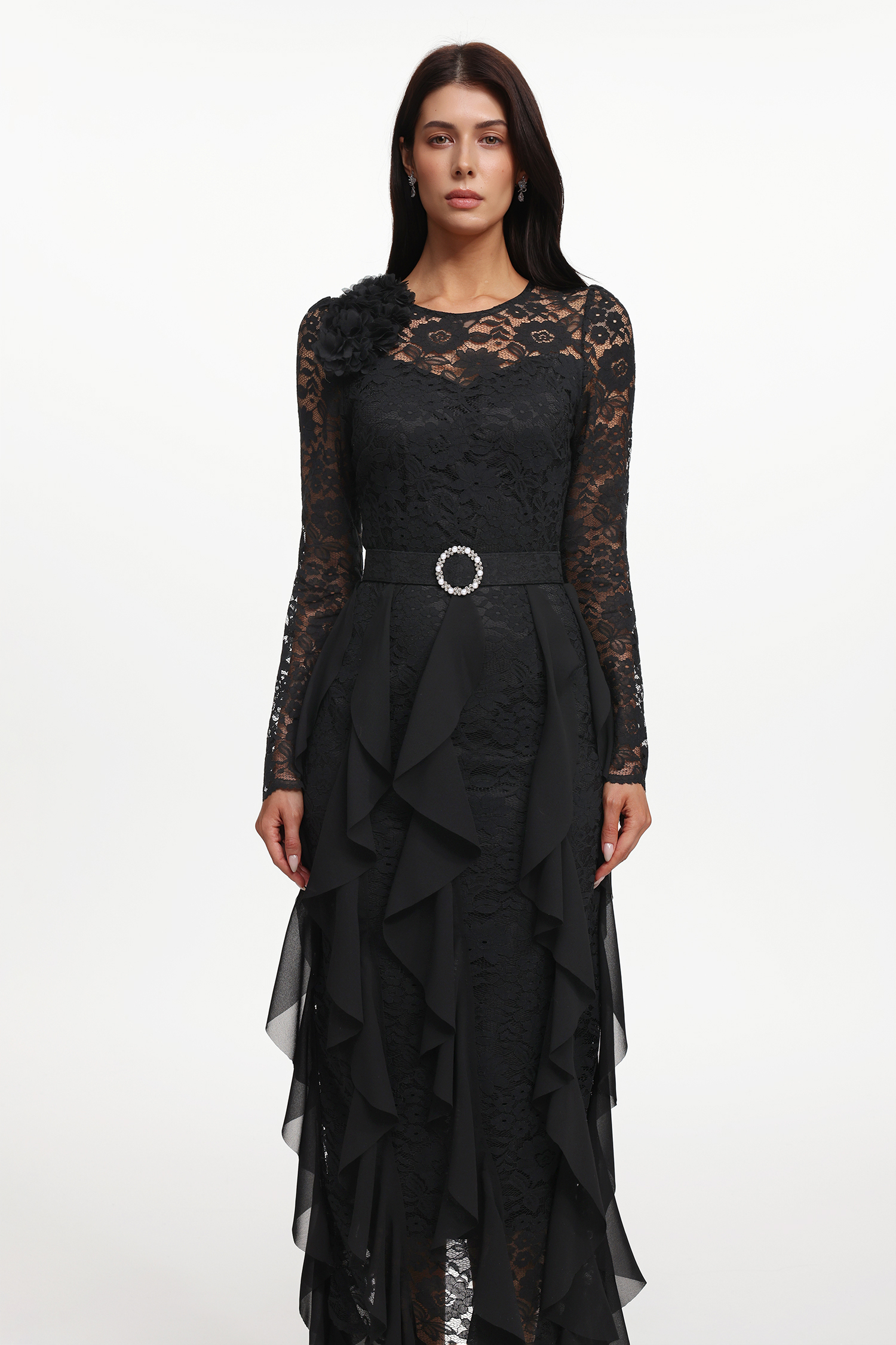 Eyola Elegant Flowy Long Sleeve Lace Ruffle Woven Maxi Dress