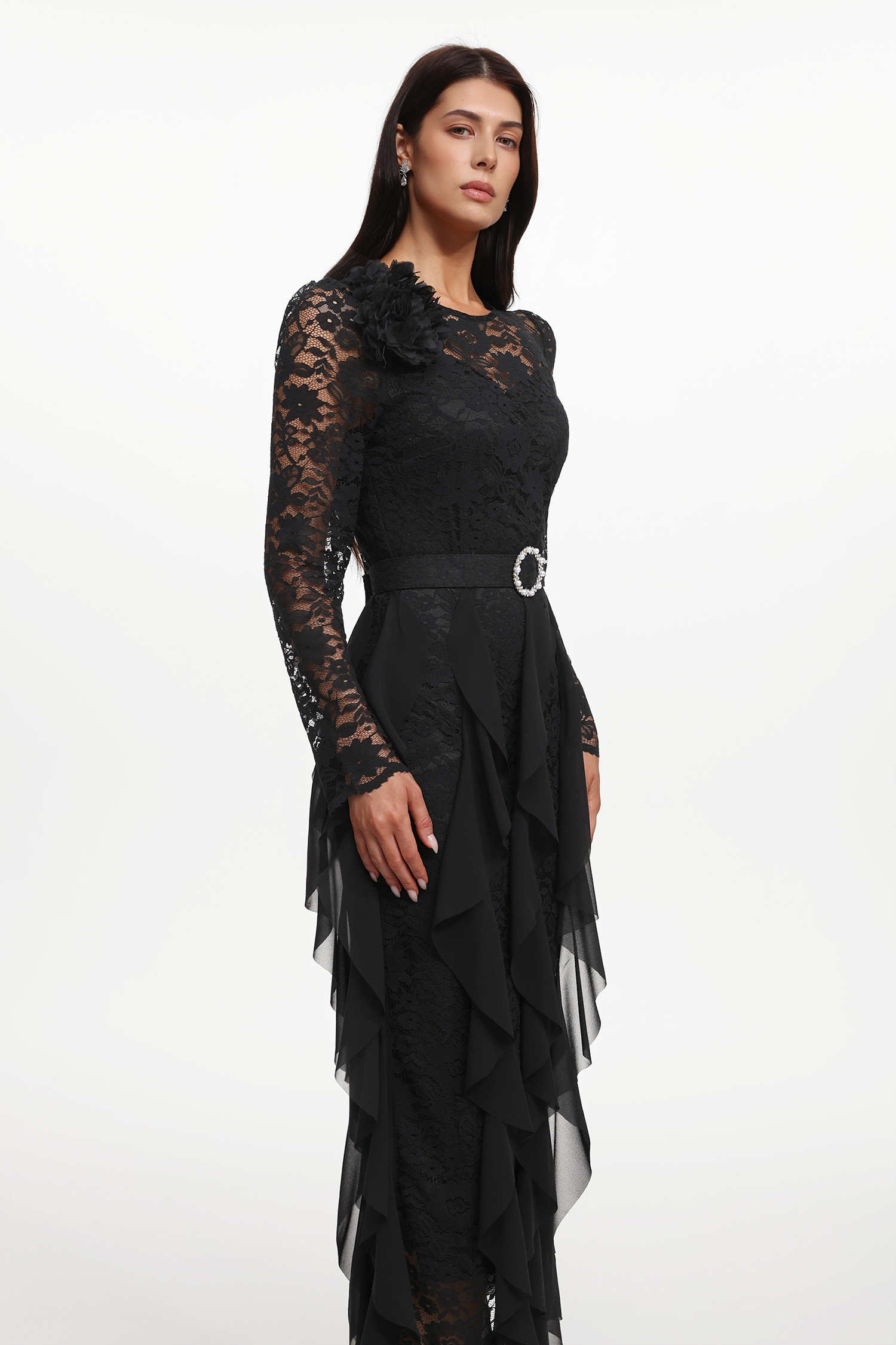 Eyola Elegant Flowy Long Sleeve Lace Ruffle Woven Maxi Dress