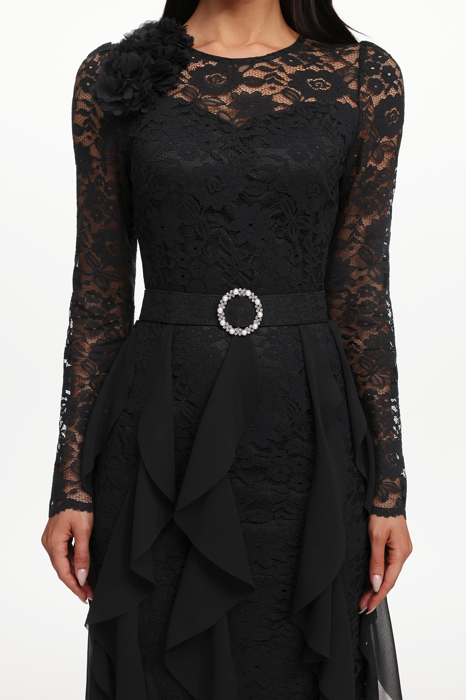 Eyola Elegant Flowy Long Sleeve Lace Ruffle Woven Maxi Dress