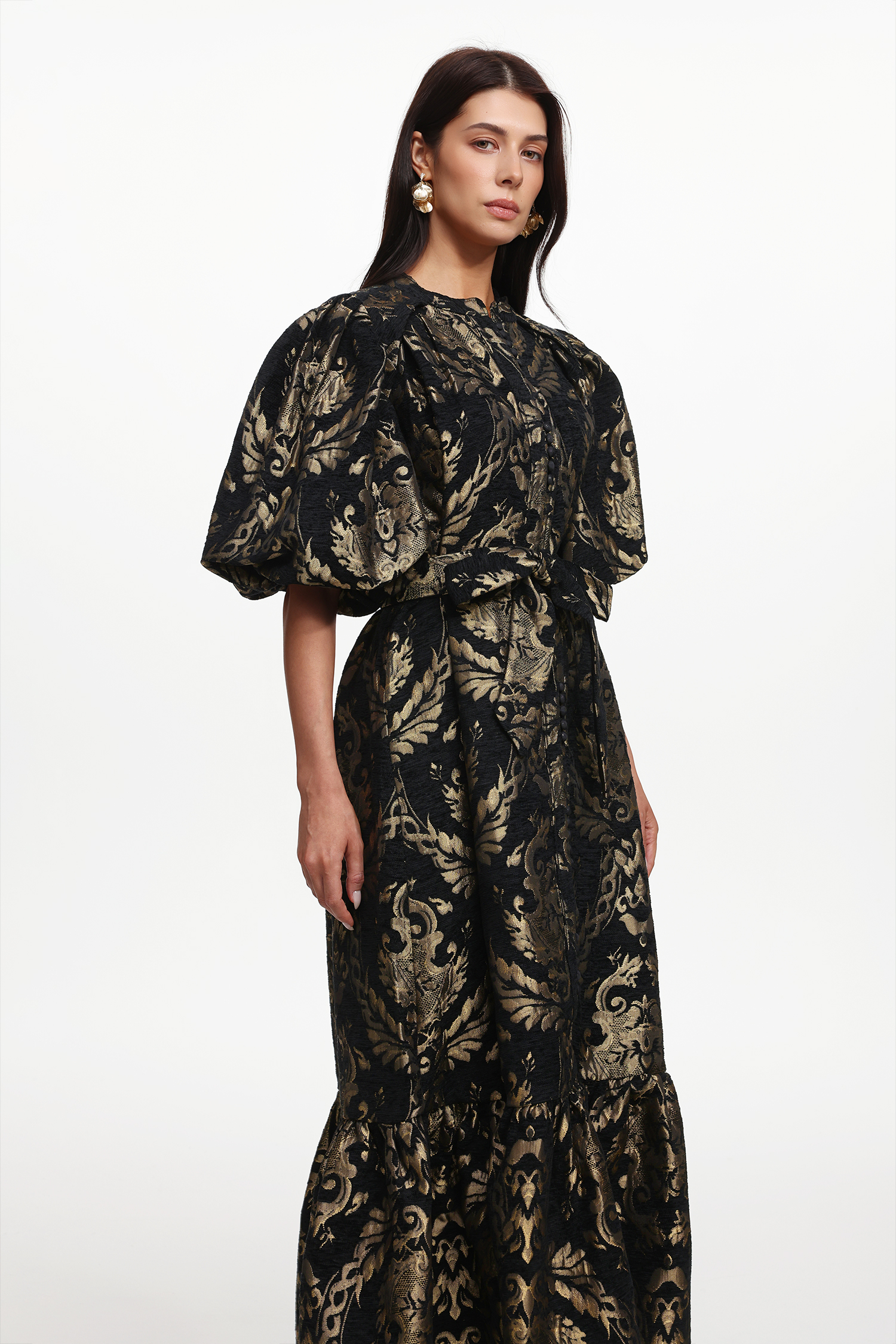 Tada Resort Flowy Puff Sleeve Floral Woven Maxi Dress