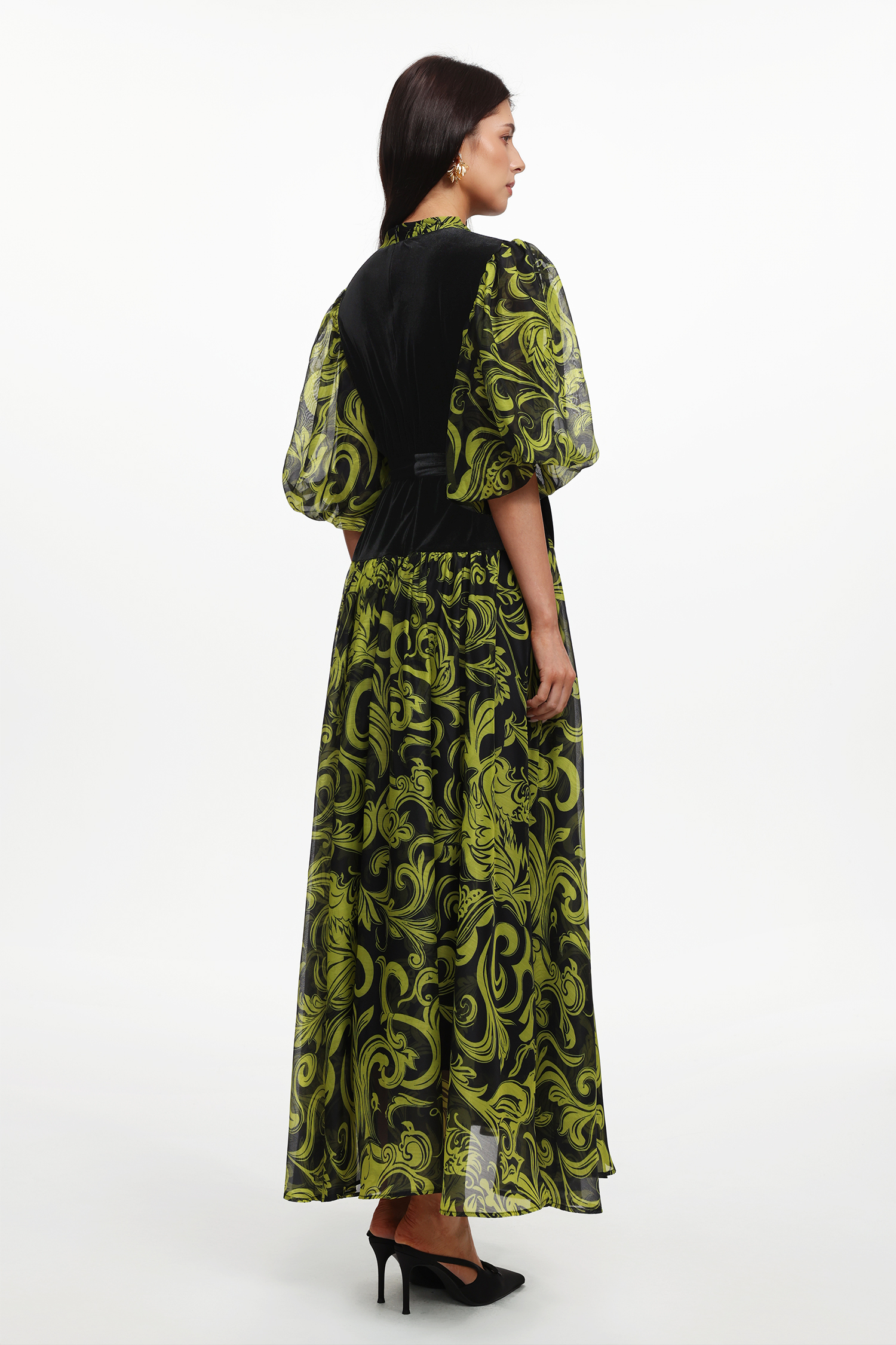 Secyij Resort Flowy Puff Sleeve Printed Woven Maxi Dress