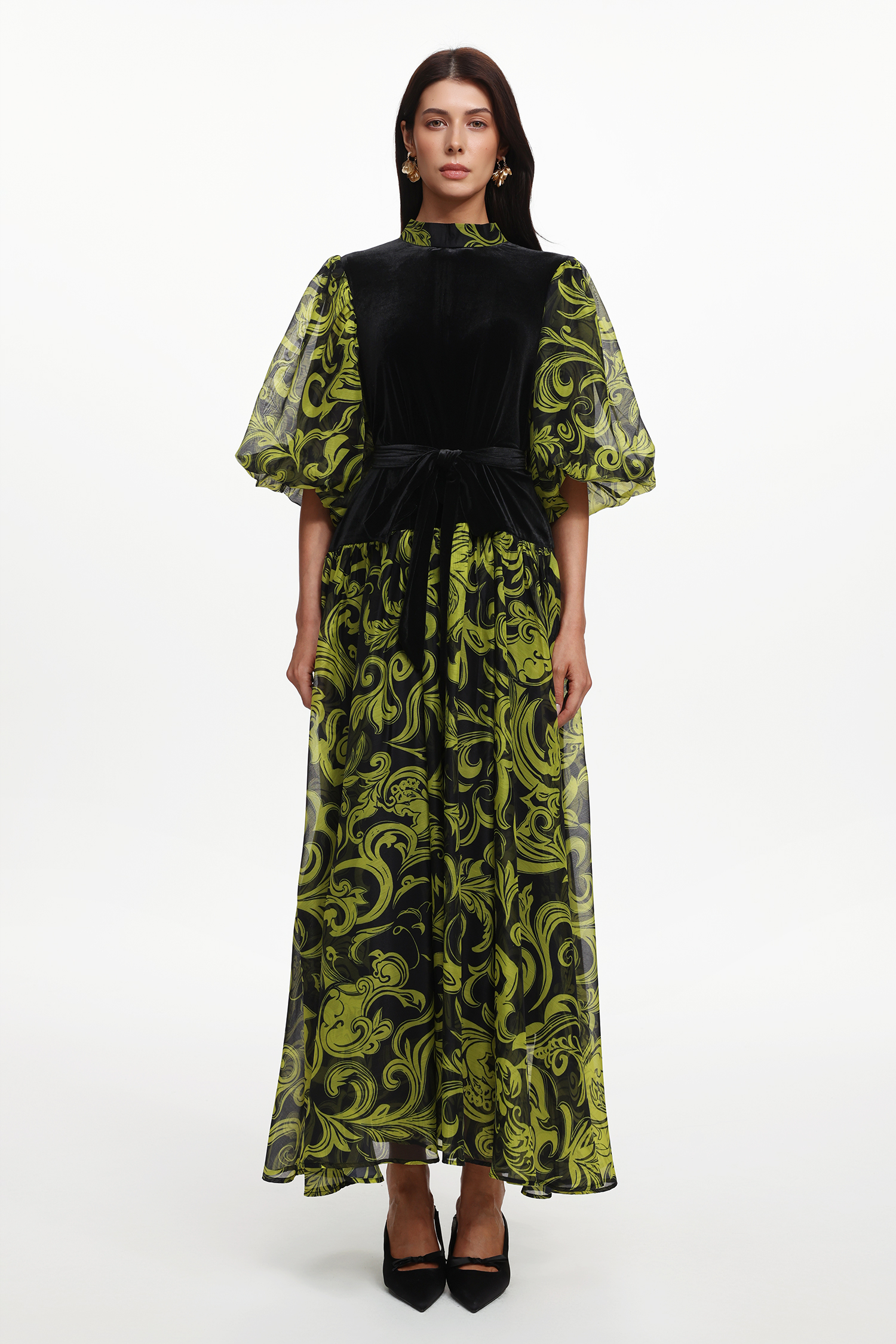 Secyij Resort Flowy Puff Sleeve Printed Woven Maxi Dress