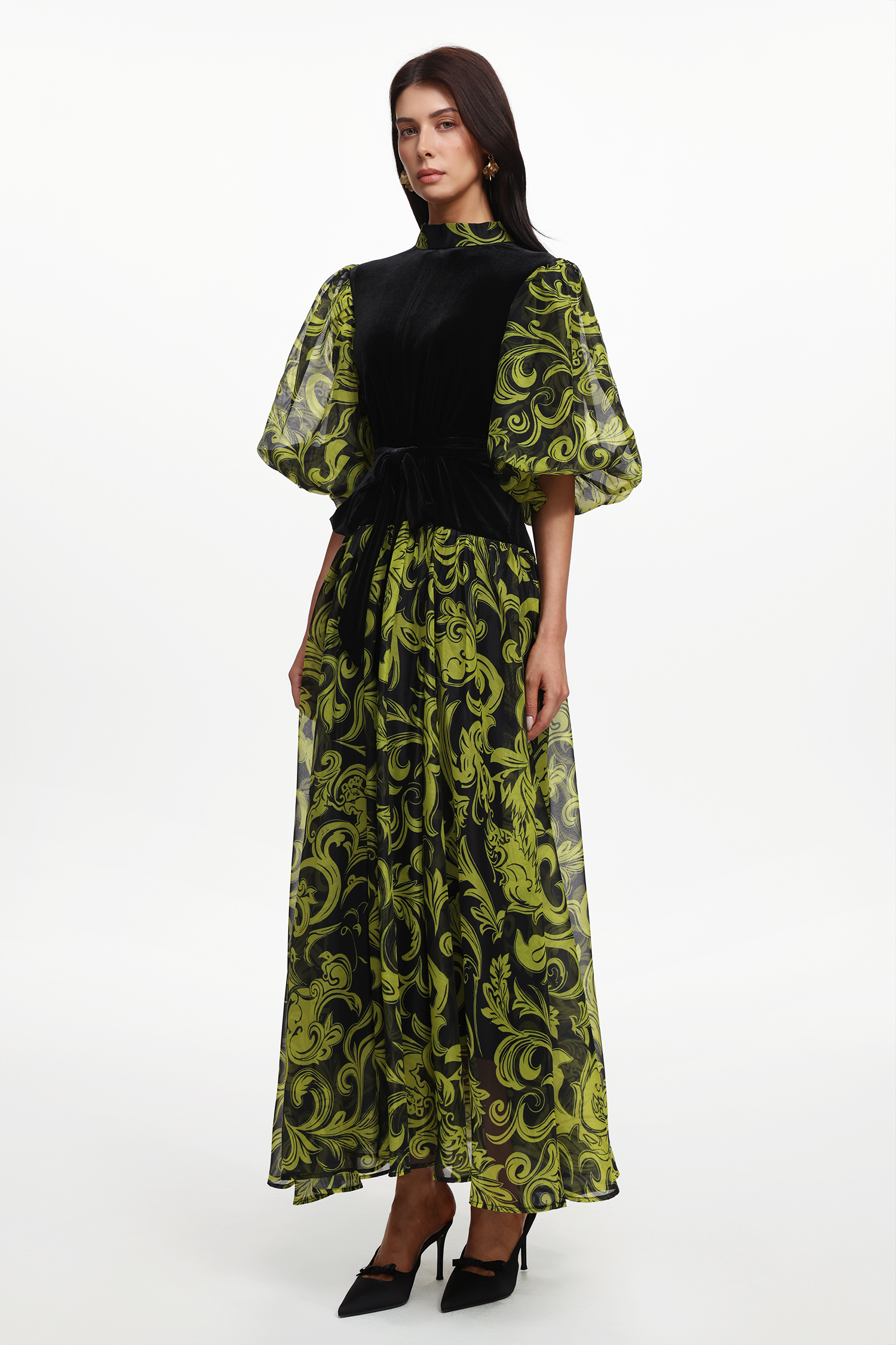 Secyij Resort Flowy Puff Sleeve Printed Woven Maxi Dress