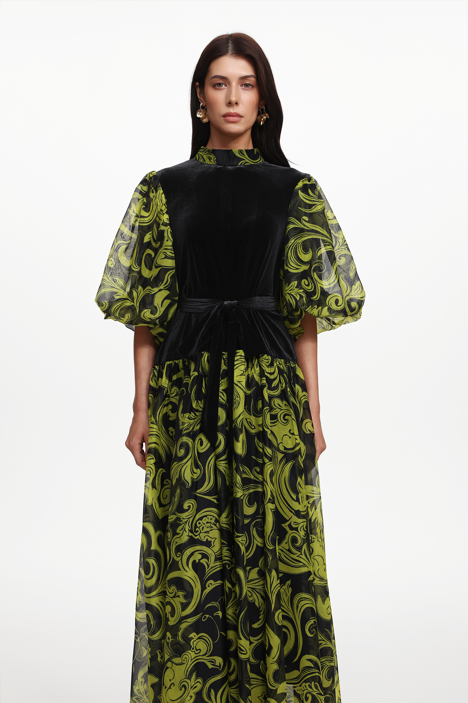 Secyij Resort Flowy Puff Sleeve Printed Woven Maxi Dress