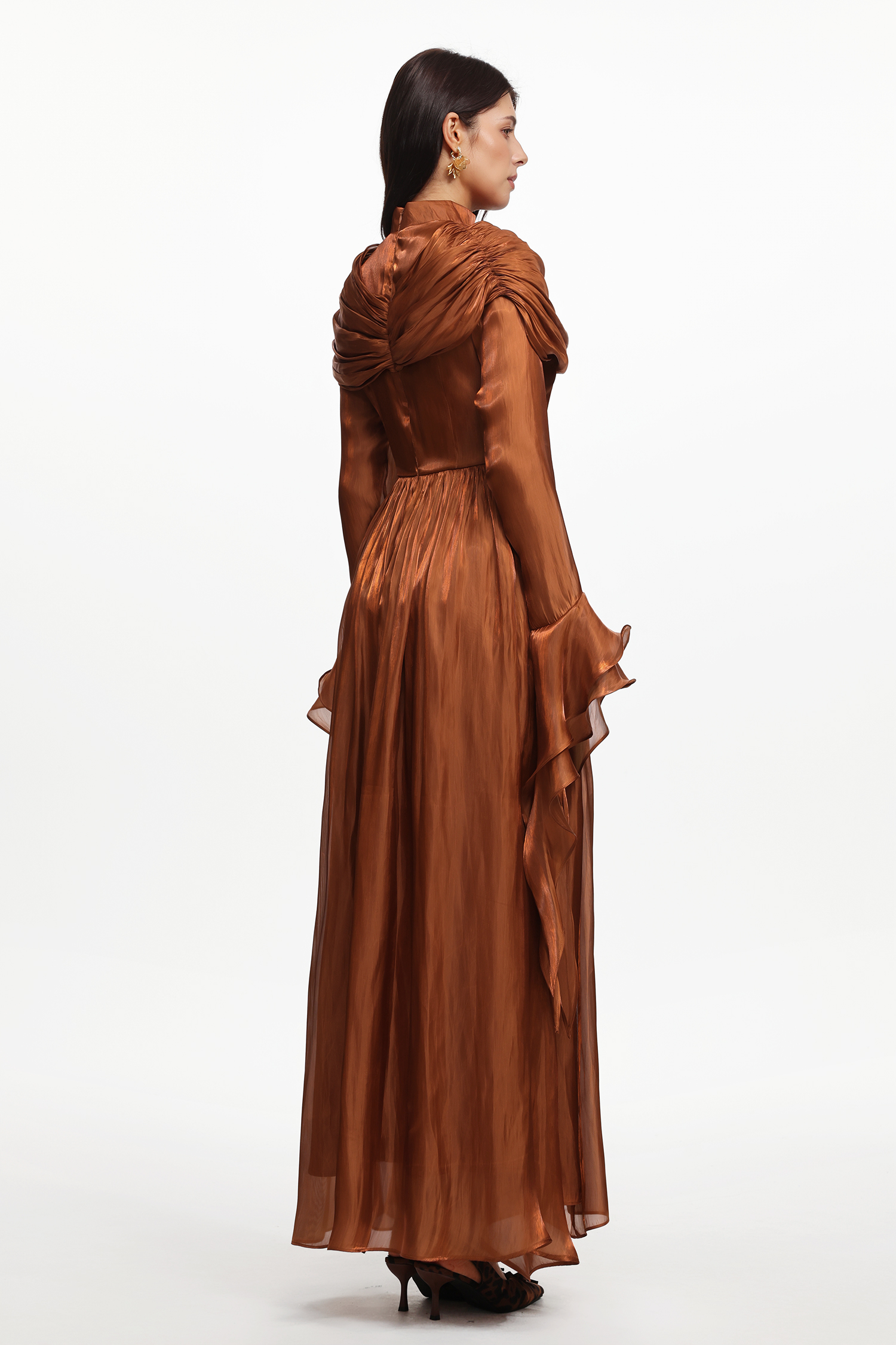Ilsa Resort Flowy Long Sleeve Ruffle Ruched Satin Brown Maxi Dress