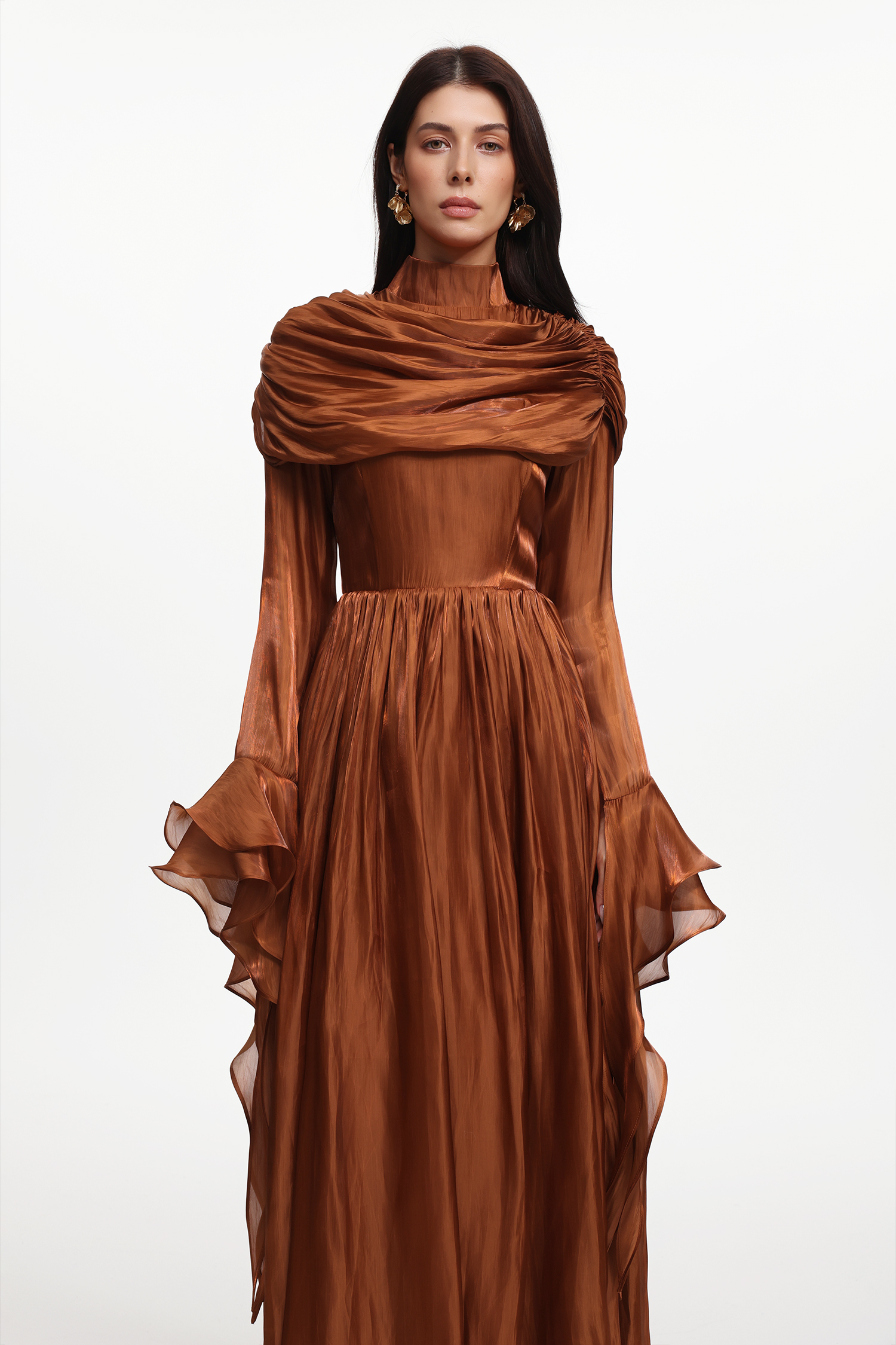 Ilsa Resort Flowy Long Sleeve Ruffle Ruched Satin Brown Maxi Dress