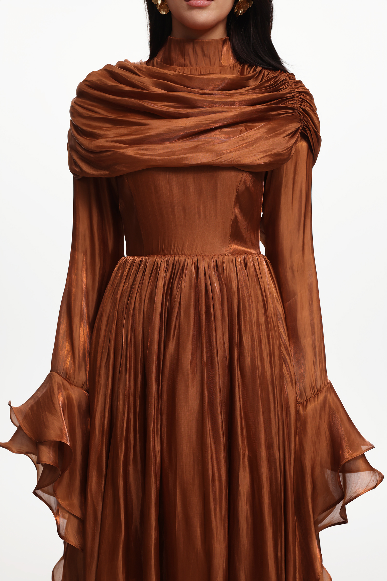 Ilsa Resort Flowy Long Sleeve Ruffle Ruched Satin Brown Maxi Dress