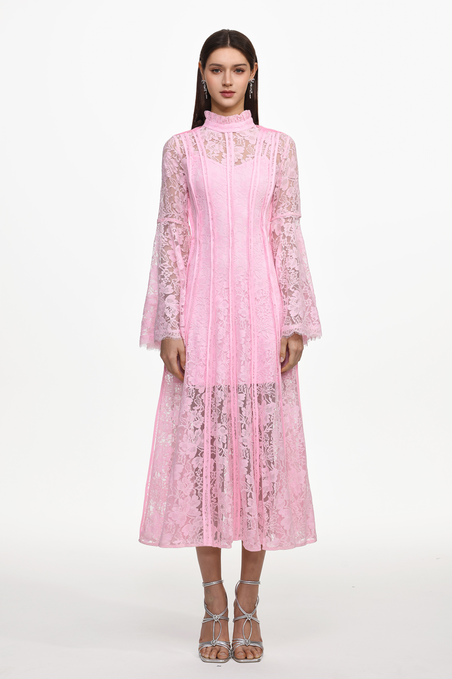 Karsten Resort Flowy Round Neck Long Sleeve Lace Maxi Dress