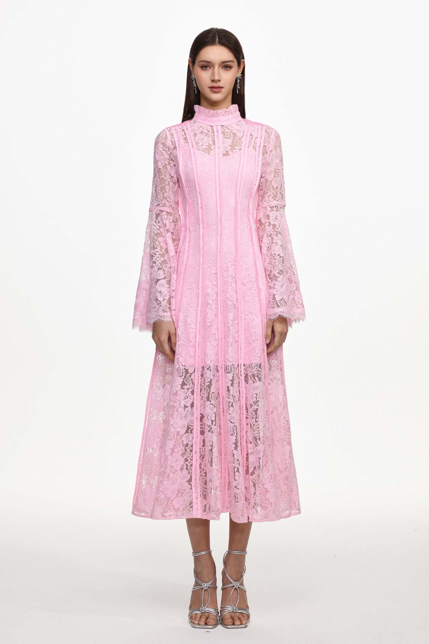 Karsten Resort Flowy Round Neck Long Sleeve Lace Maxi Dress