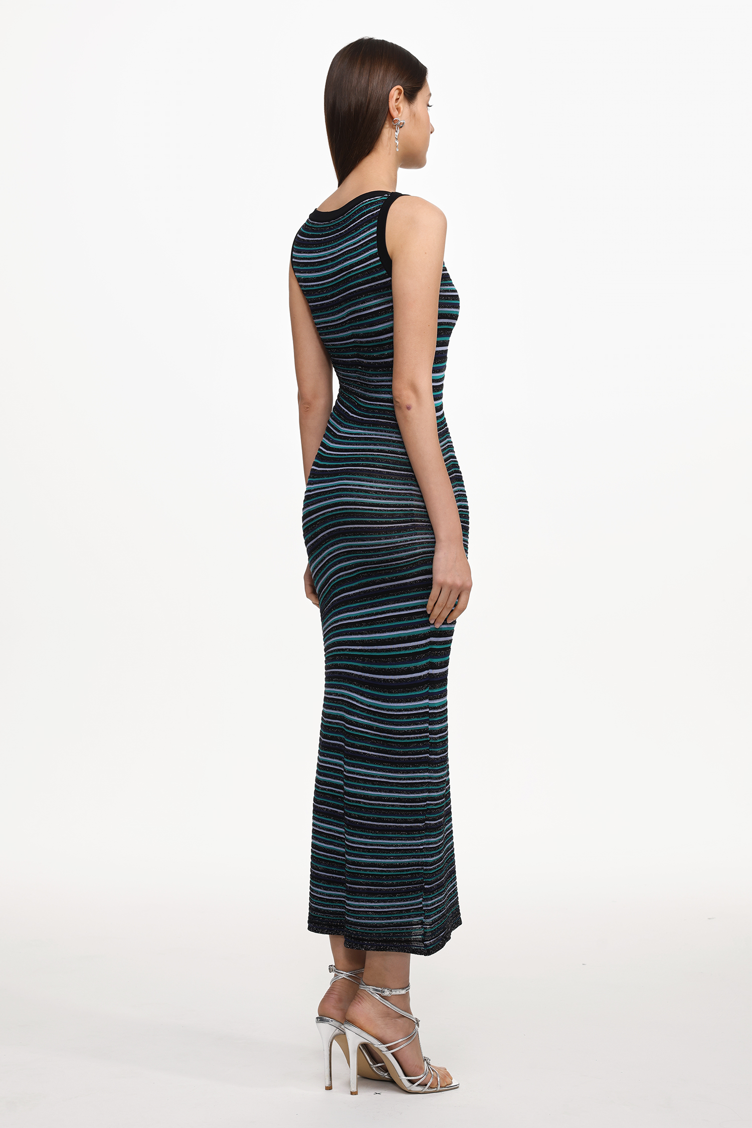 Nirina Chic Contour Round Neck Sleeveless Stripe Knit Maxi Dress