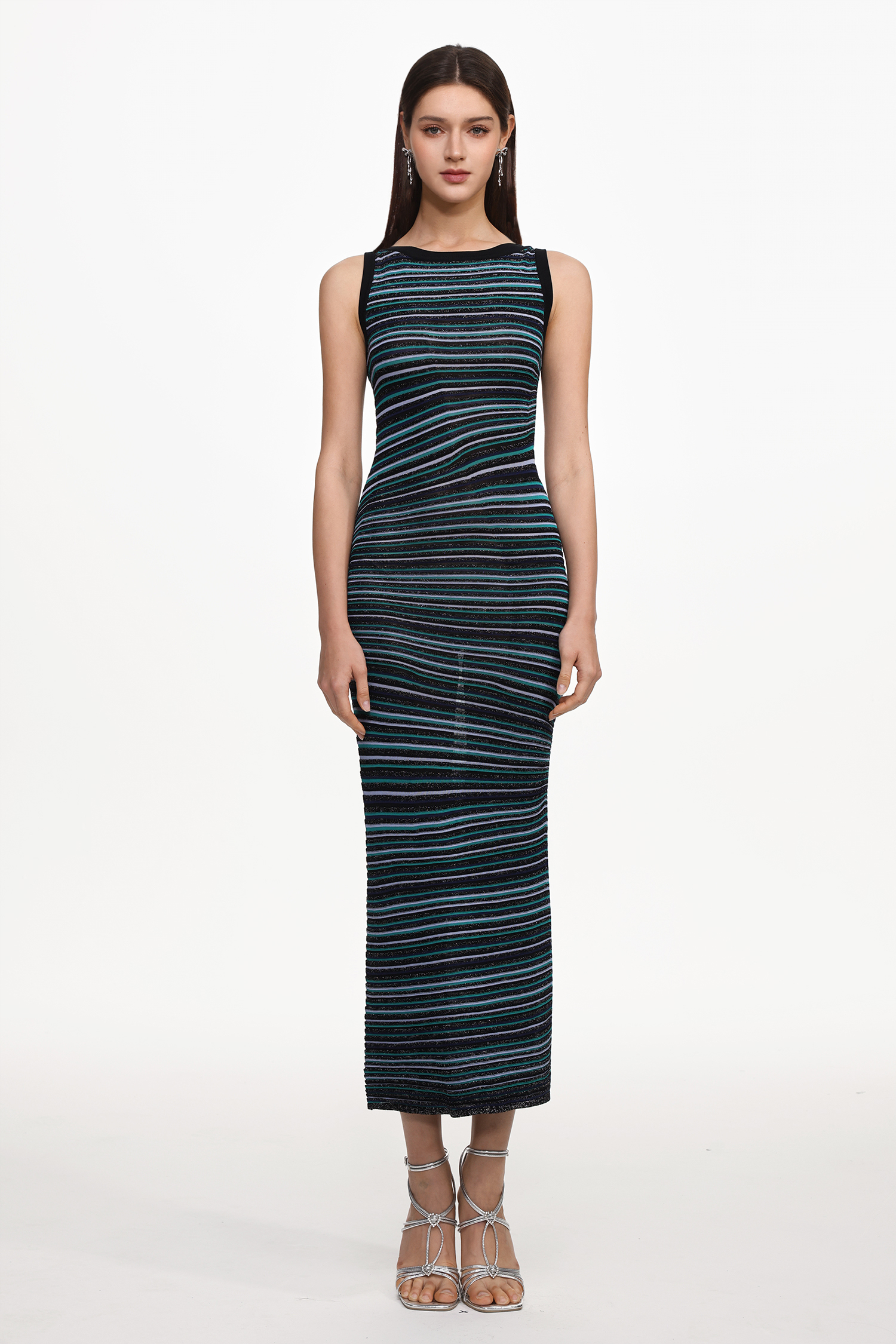 Nirina Chic Contour Round Neck Sleeveless Stripe Knit Maxi Dress