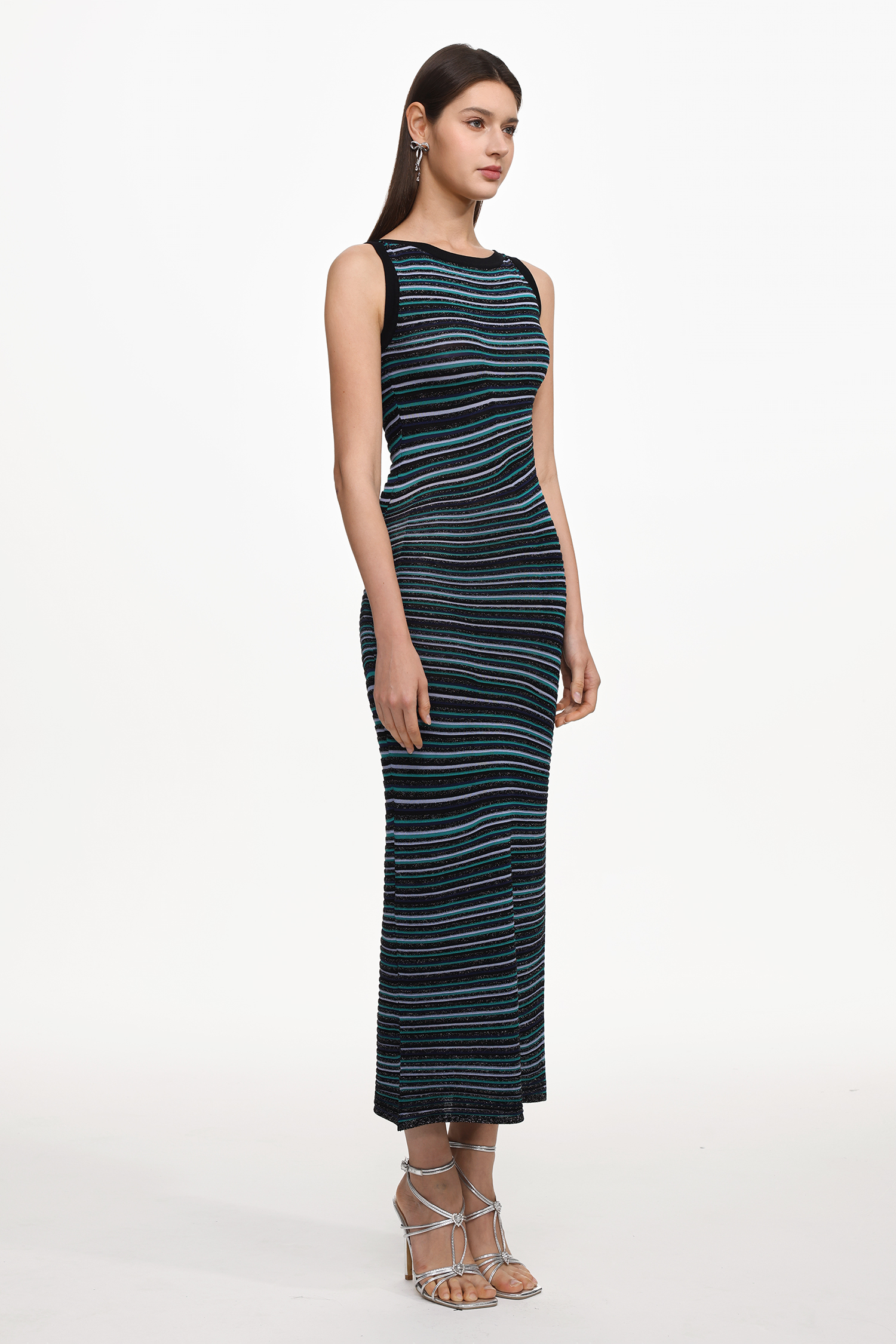 Nirina Chic Contour Round Neck Sleeveless Stripe Knit Maxi Dress