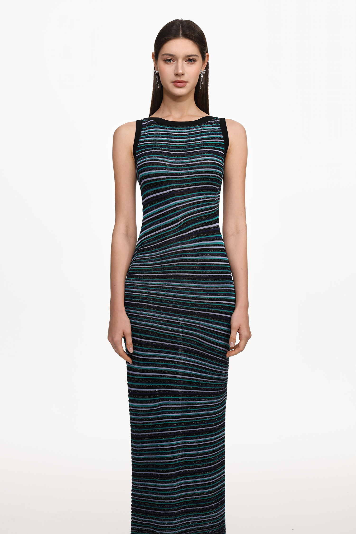 Nirina Chic Contour Round Neck Sleeveless Stripe Knit Maxi Dress