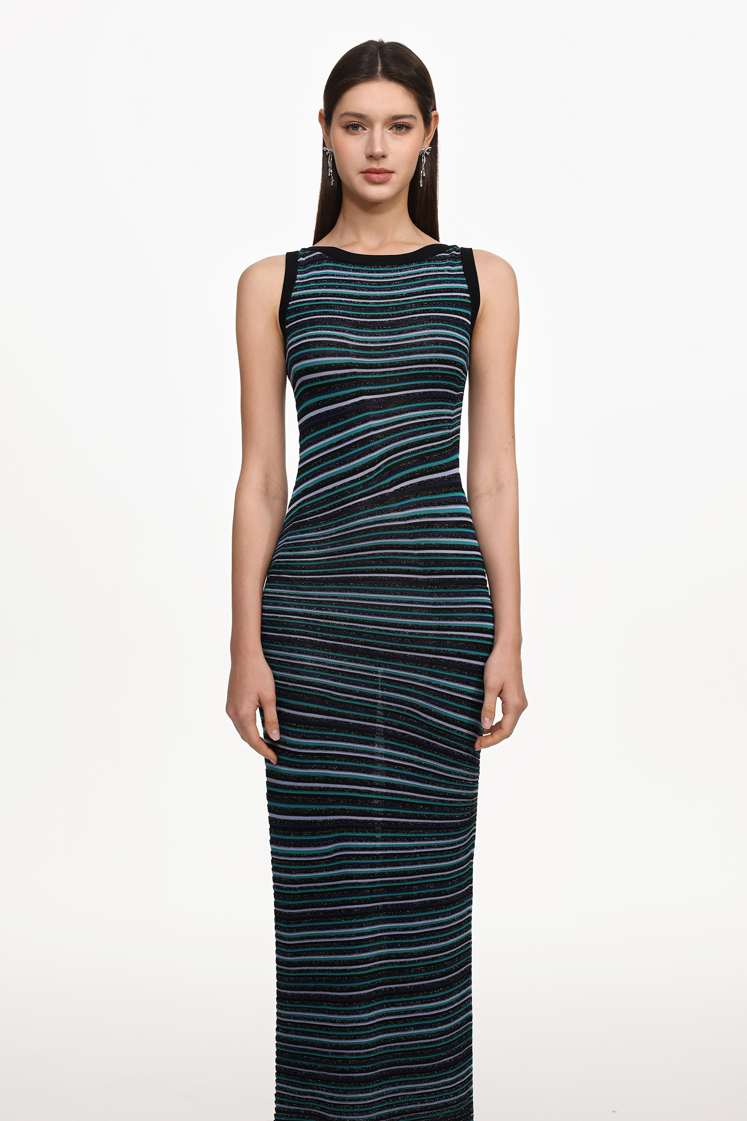 Nirina Chic Contour Round Neck Sleeveless Stripe Knit Maxi Dress