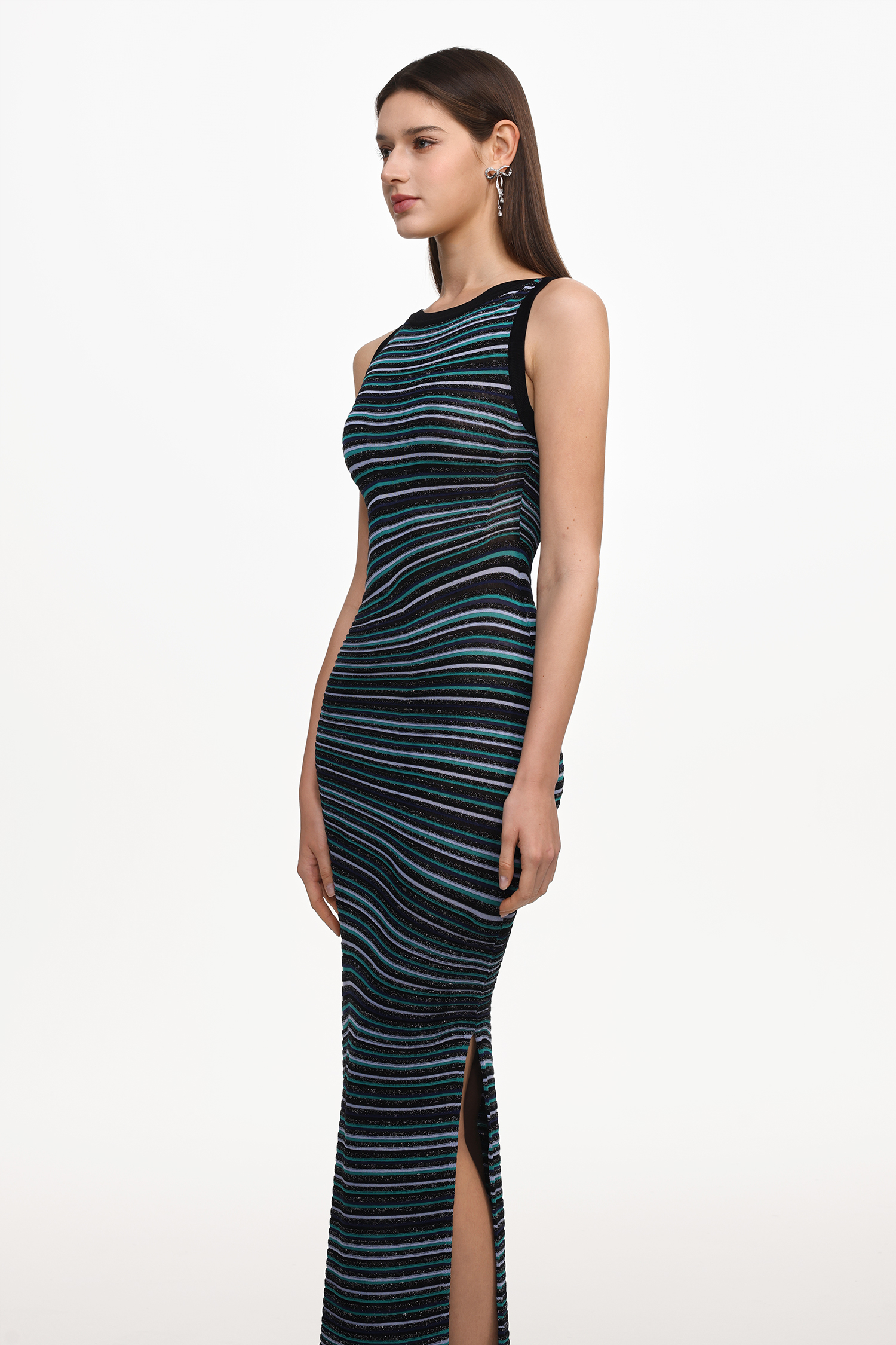 Nirina Chic Contour Round Neck Sleeveless Stripe Knit Maxi Dress