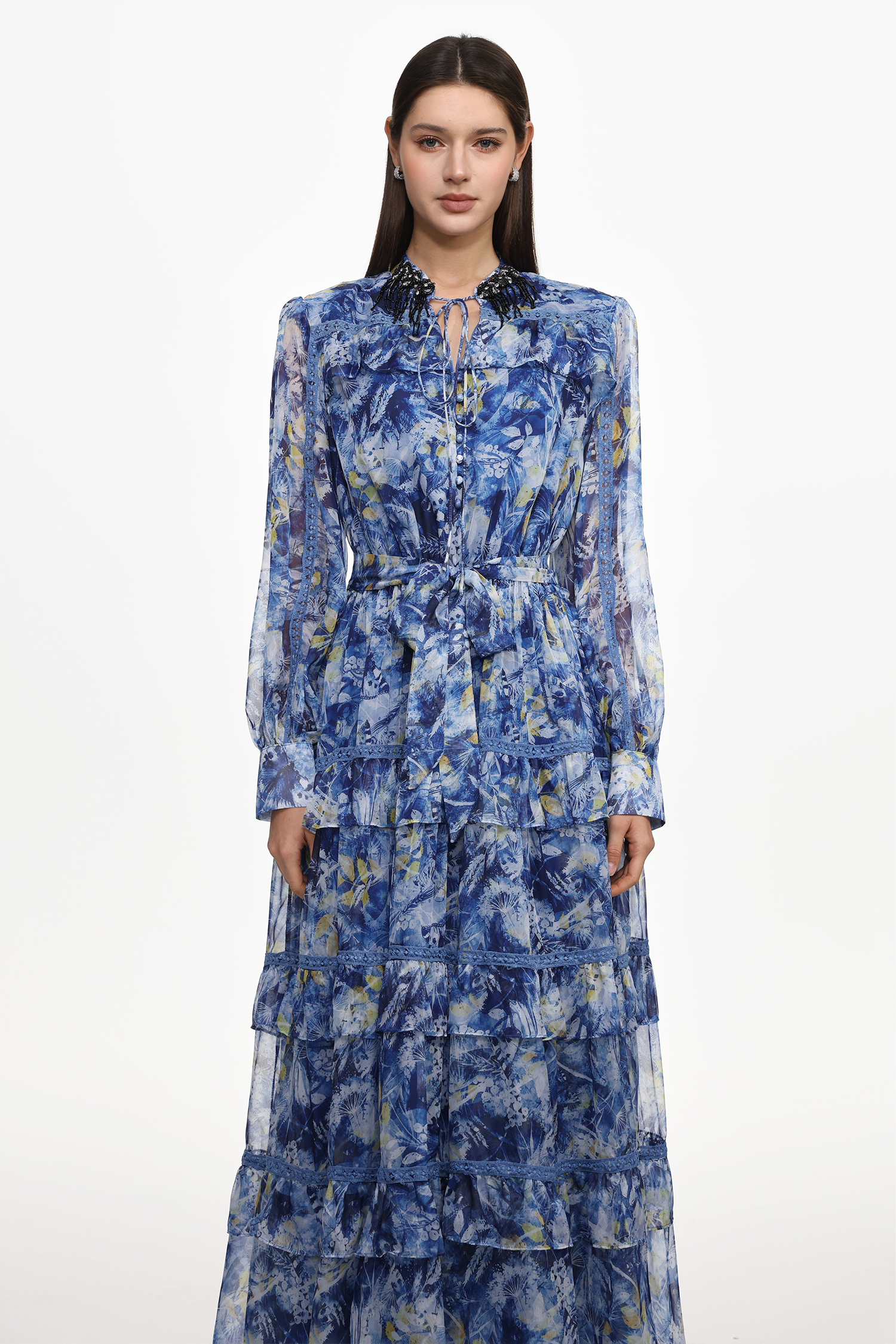 Ella Resort Flowy Long Sleeve Ruffle Floral Print Maxi Dress