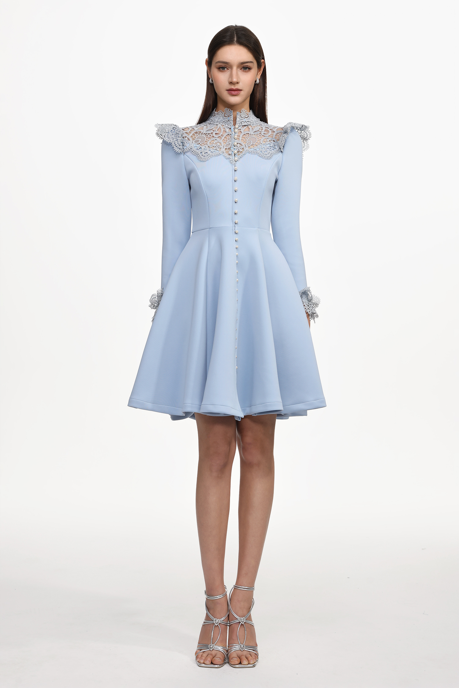 Yurio Resort Flowy Long Sleeve Pearl Ruffle Lace Woven Mini Dress