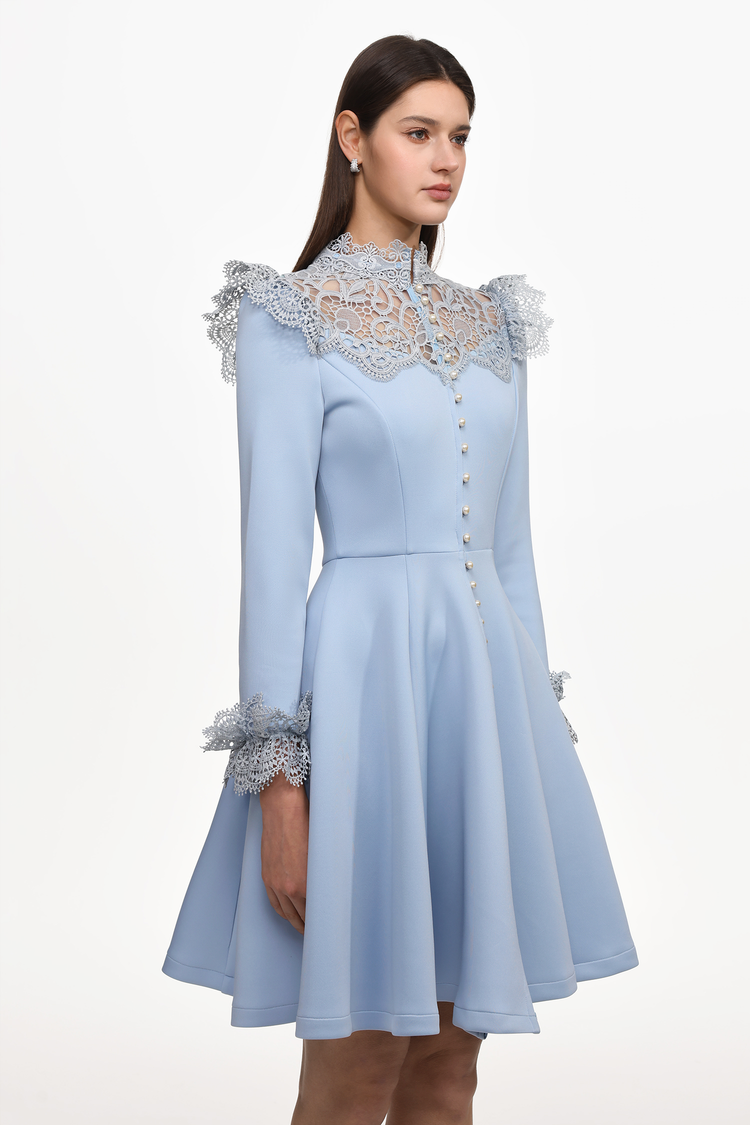 Yurio Resort Flowy Long Sleeve Pearl Ruffle Lace Woven Mini Dress
