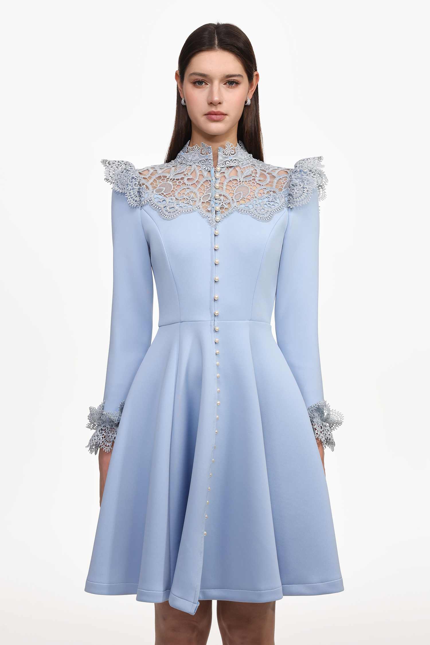 Yurio Resort Flowy Long Sleeve Pearl Ruffle Lace Woven Mini Dress