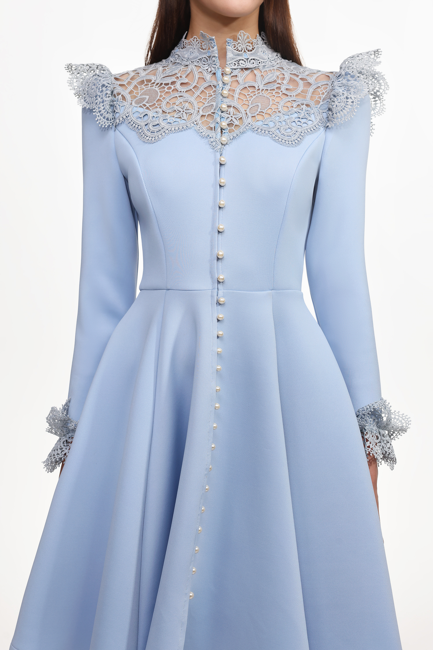 Yurio Resort Flowy Long Sleeve Pearl Ruffle Lace Woven Mini Dress
