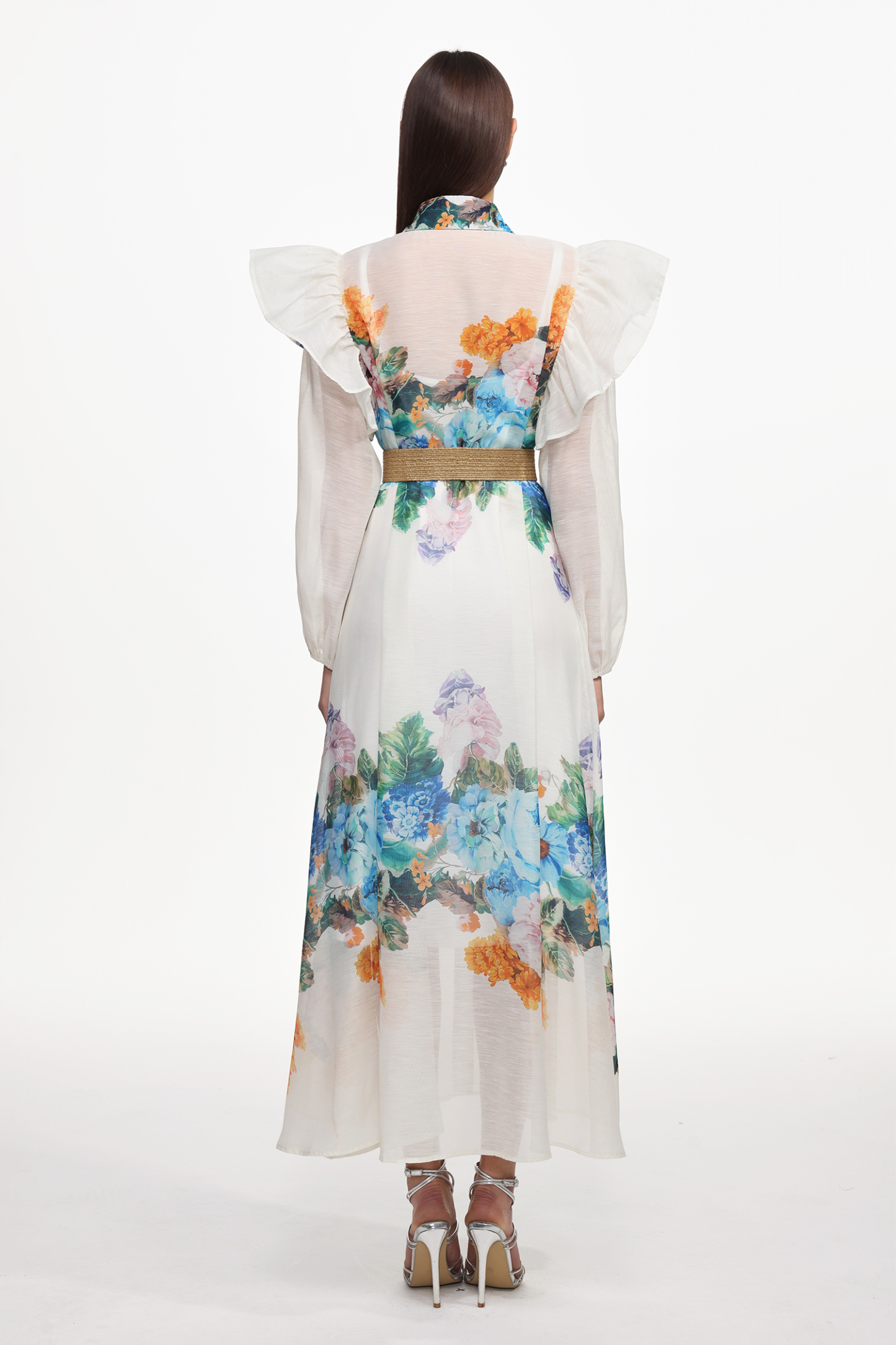 Sarada Resort Flowy Long Sleeve Ruffle Floral Print Woven Maxi Dress