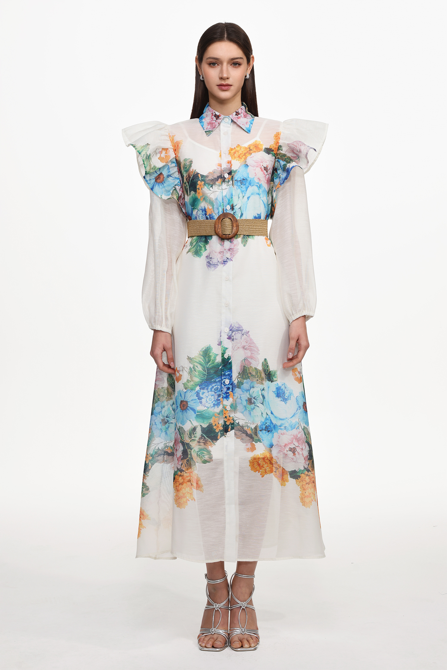Sarada Resort Flowy Long Sleeve Ruffle Floral Print Woven Maxi Dress