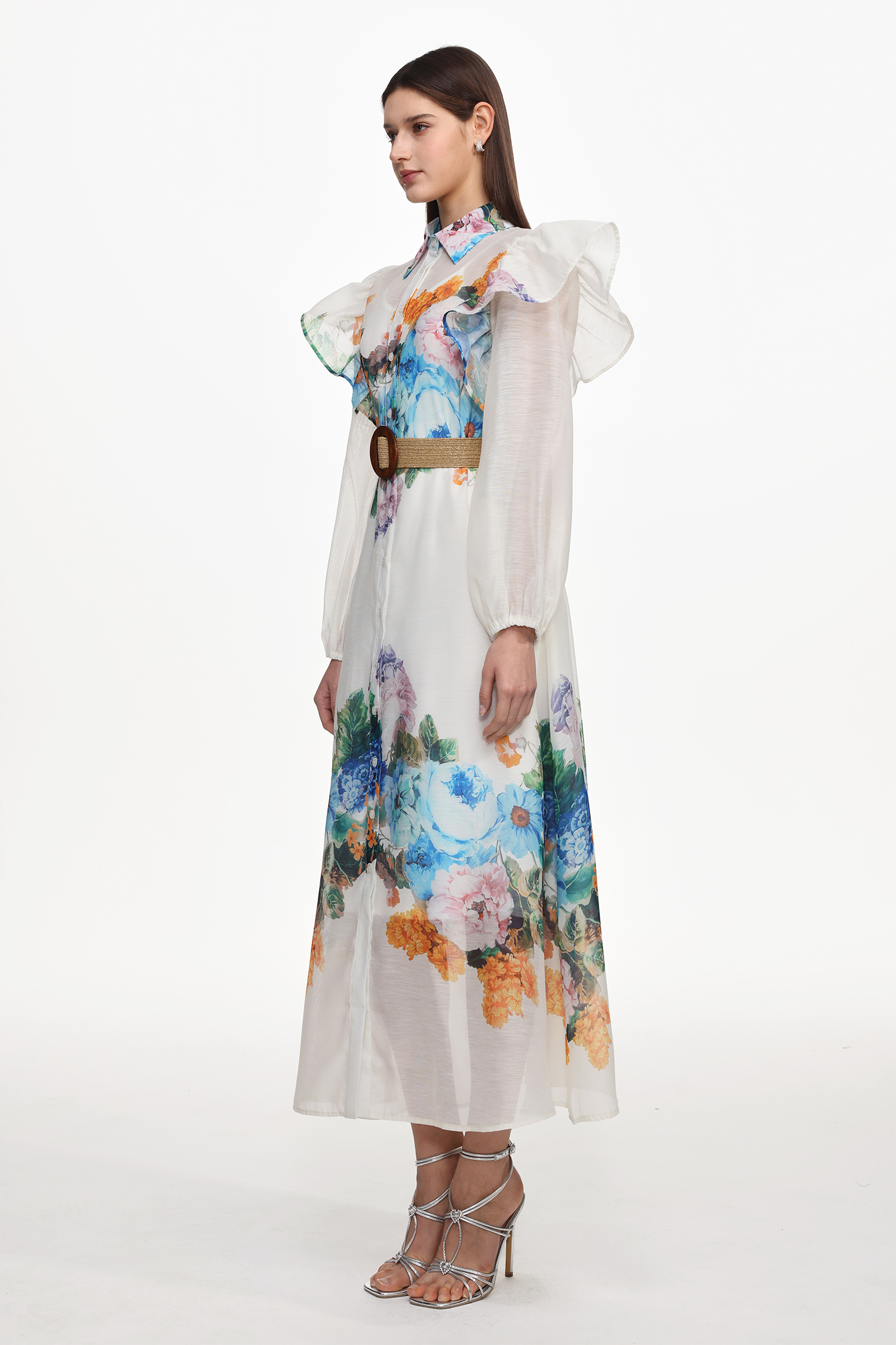 Sarada Resort Flowy Long Sleeve Ruffle Floral Print Woven Maxi Dress