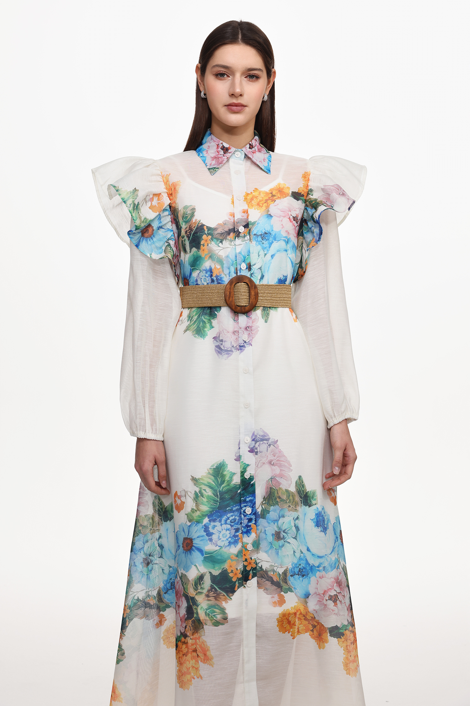 Sarada Resort Flowy Long Sleeve Ruffle Floral Print Woven Maxi Dress