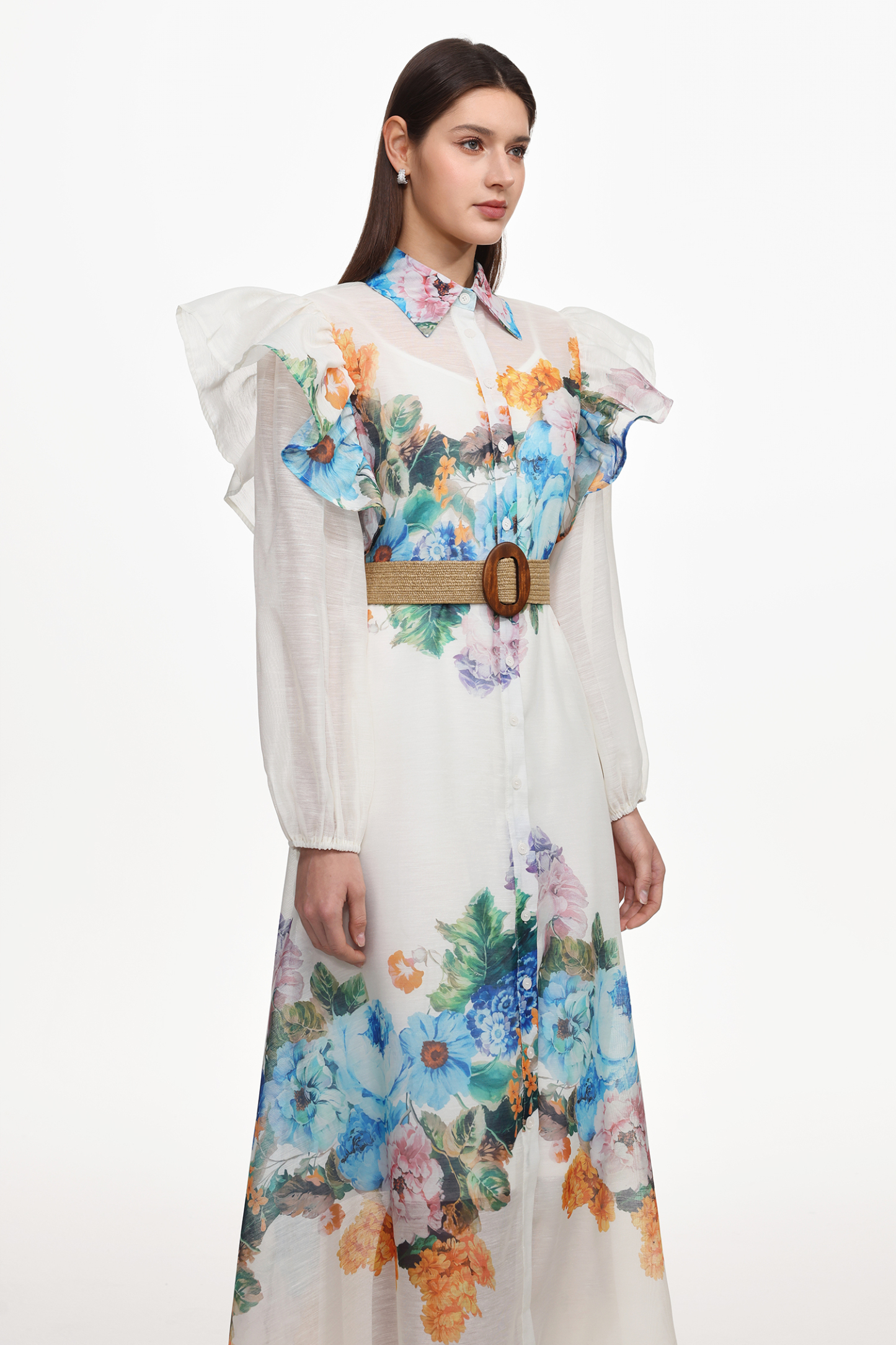 Sarada Resort Flowy Long Sleeve Ruffle Floral Print Woven Maxi Dress