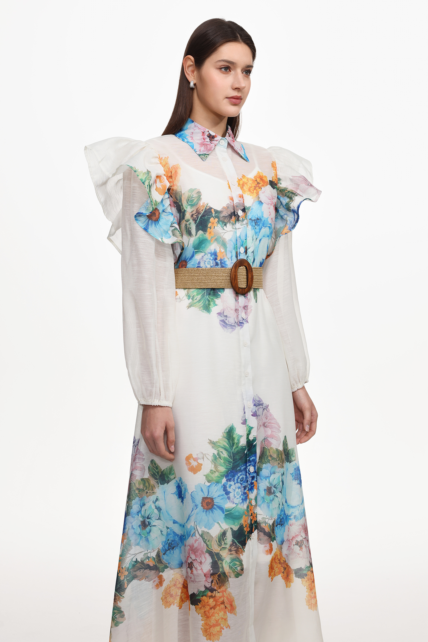 Sarada Resort Flowy Long Sleeve Ruffle Floral Print Woven Maxi Dress