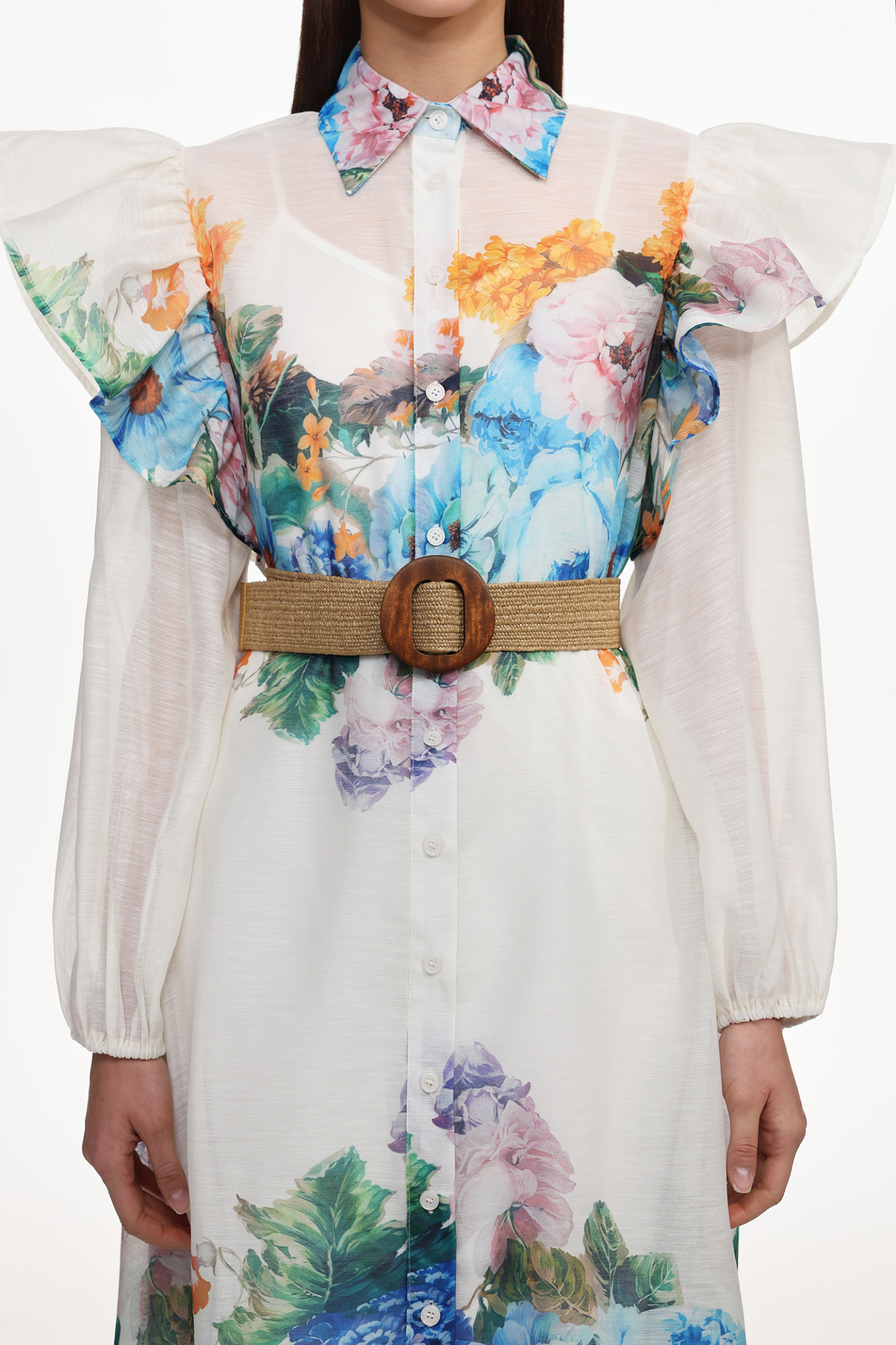 Sarada Resort Flowy Long Sleeve Ruffle Floral Print Woven Maxi Dress