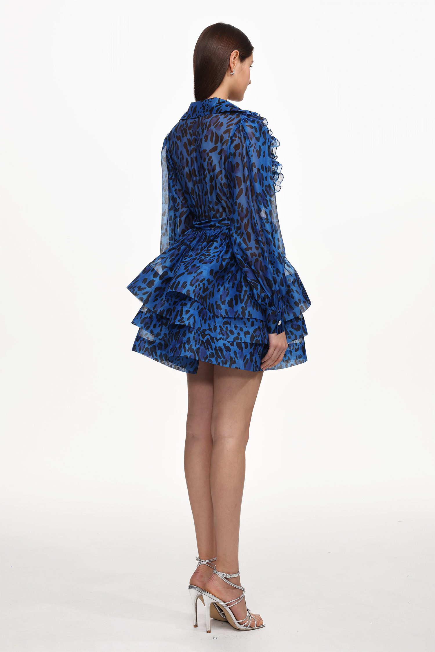 Sekani Resort Flowy Long Sleeve Ruffle Leopard Print Woven Mini Dress