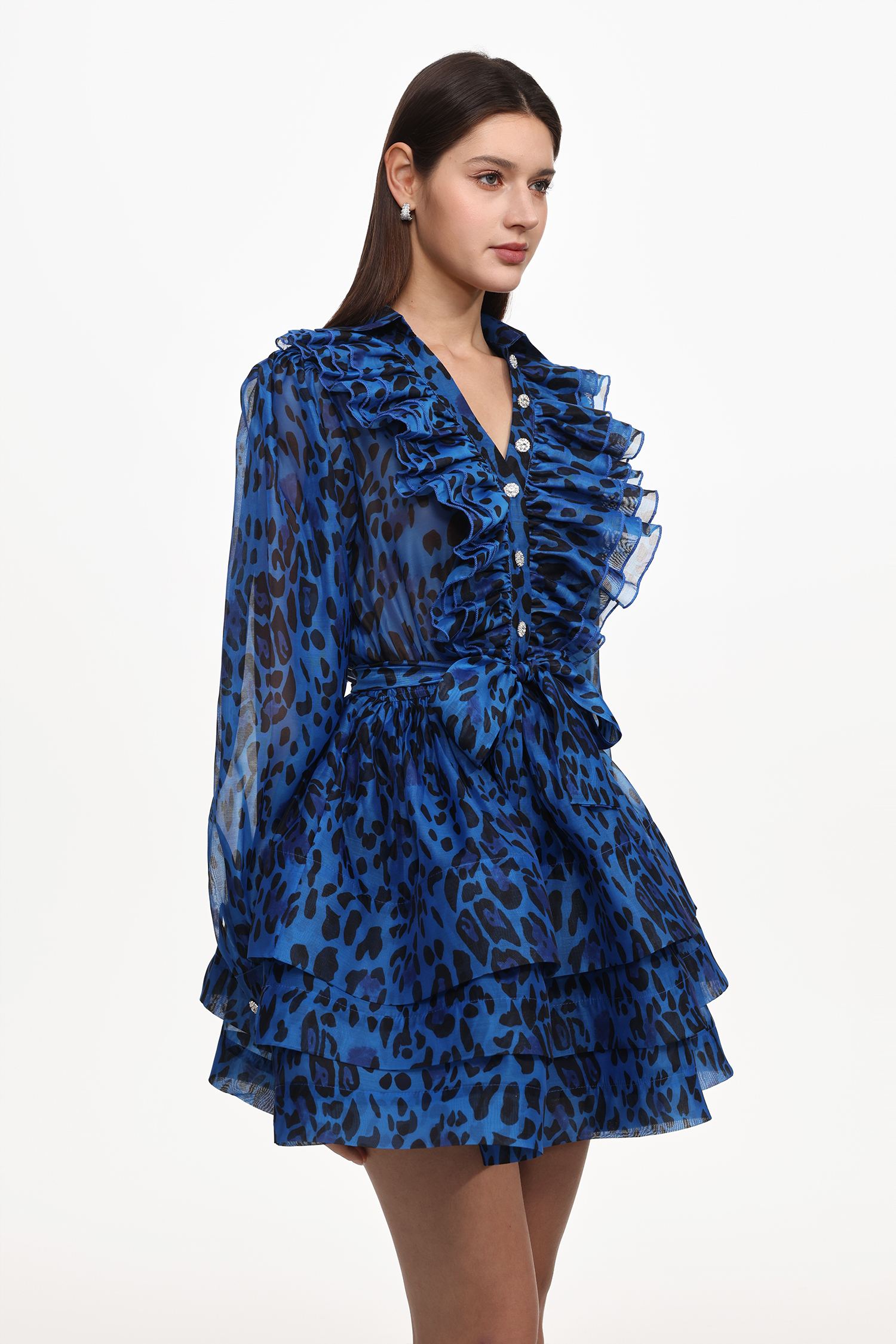 Sekani Resort Flowy Long Sleeve Ruffle Leopard Print Woven Mini Dress