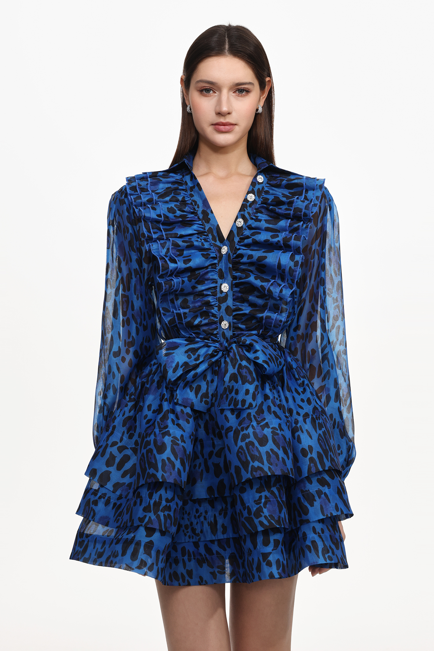 Sekani Resort Flowy Long Sleeve Ruffle Leopard Print Woven Mini Dress