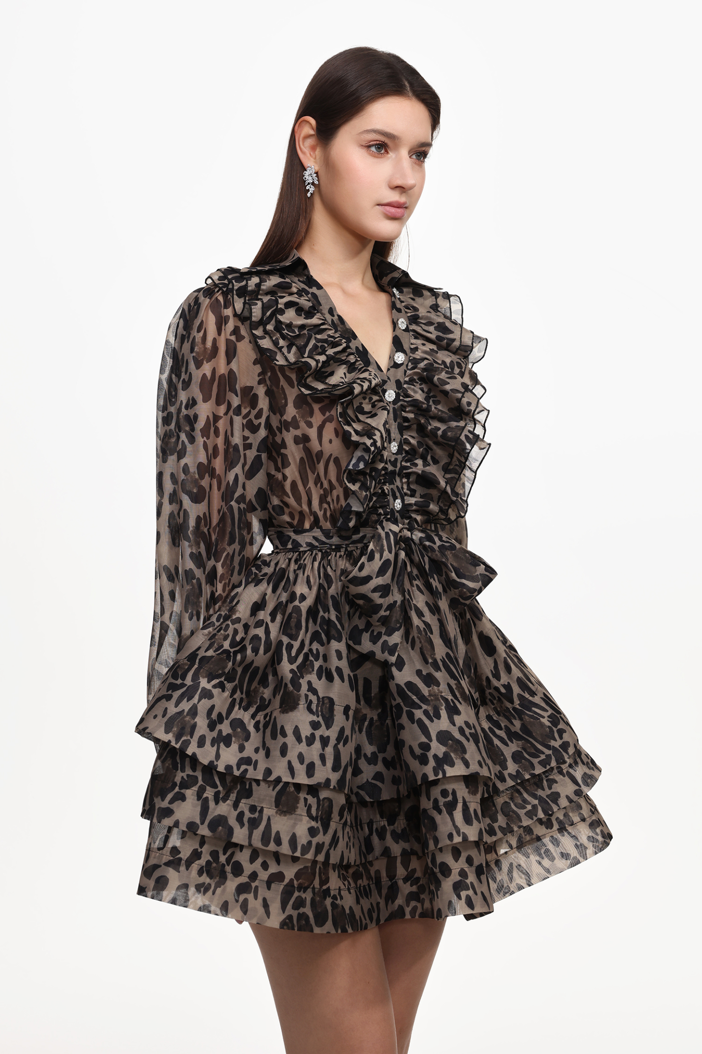 Sekani Resort Flowy Long Sleeve Ruffle Leopard Print Woven Mini Dress