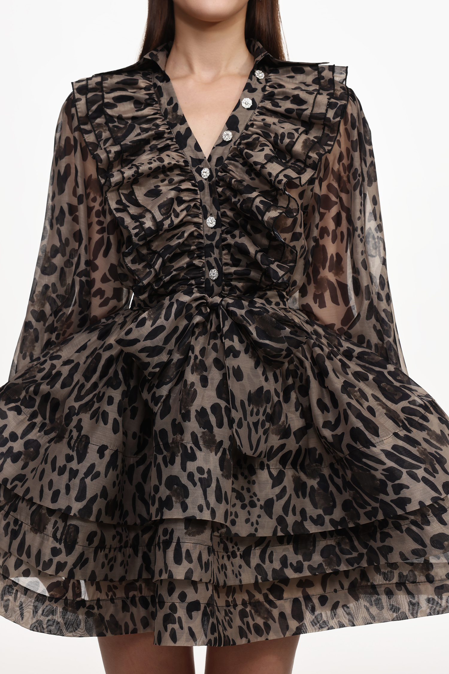 Sekani Resort Flowy Long Sleeve Ruffle Leopard Print Woven Mini Dress