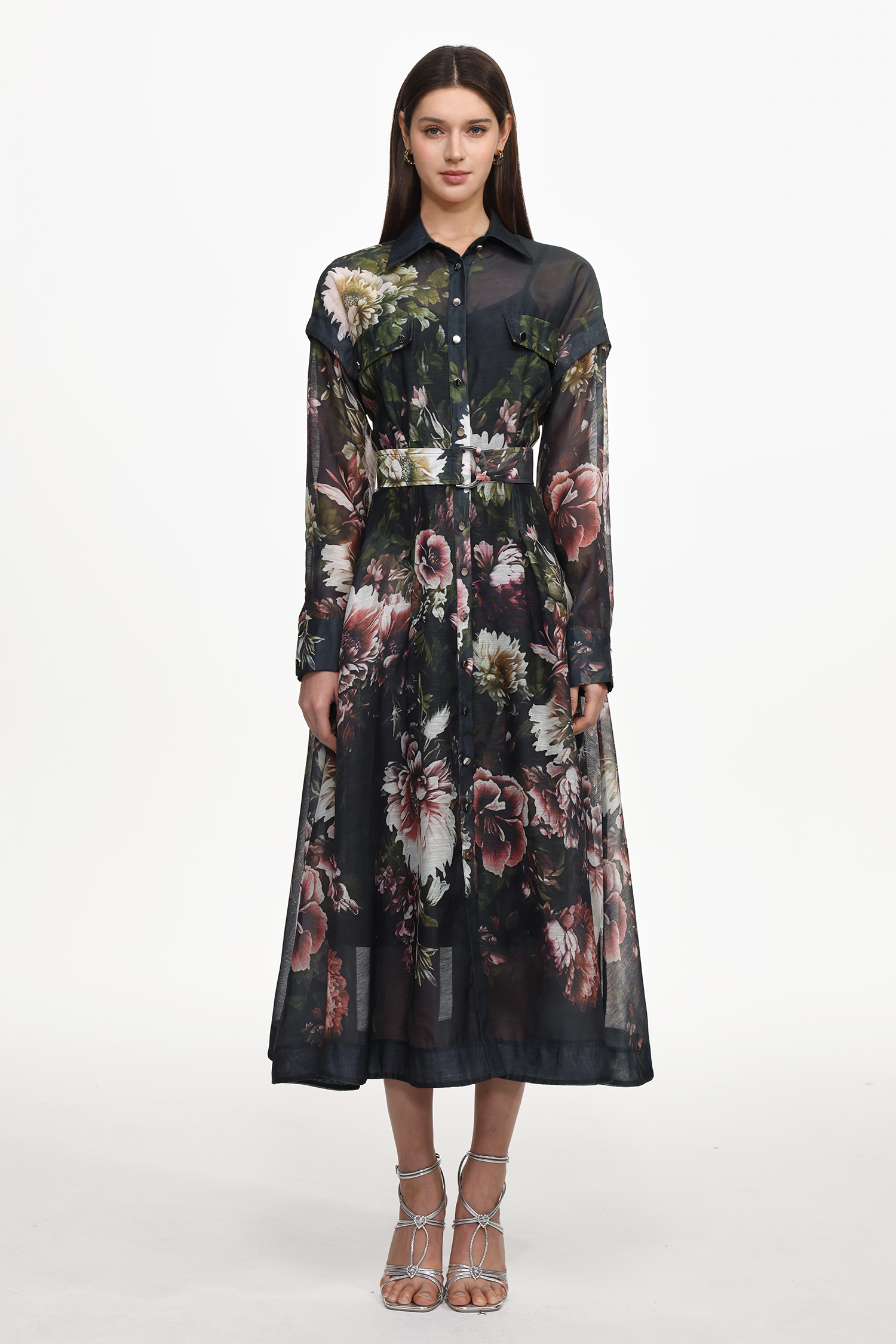 Frida Elegant Flowy Long Sleeve Floral Print Woven Black Maxi Dress
