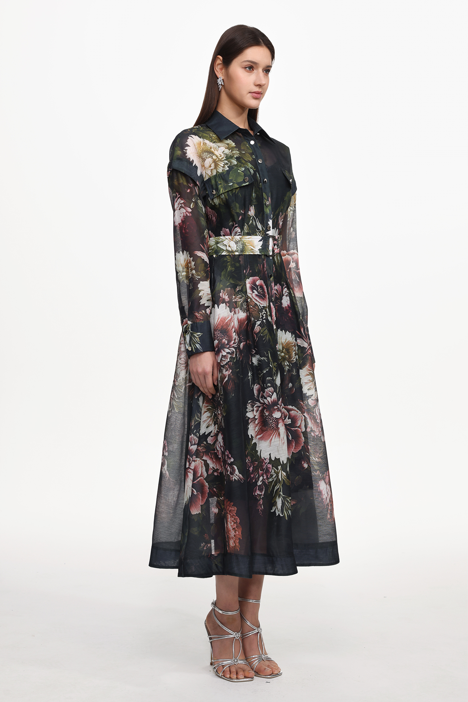 Frida Elegant Flowy Long Sleeve Floral Print Woven Black Maxi Dress