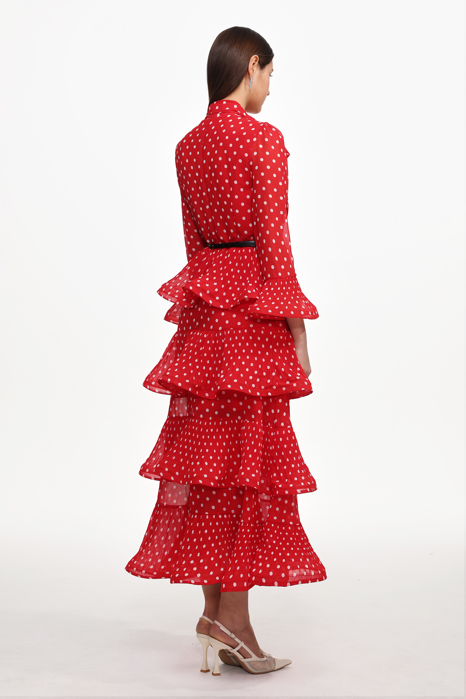 Zaina Resort Flowy Long Sleeve Ruffle Polka Dot Woven Maxi Dress