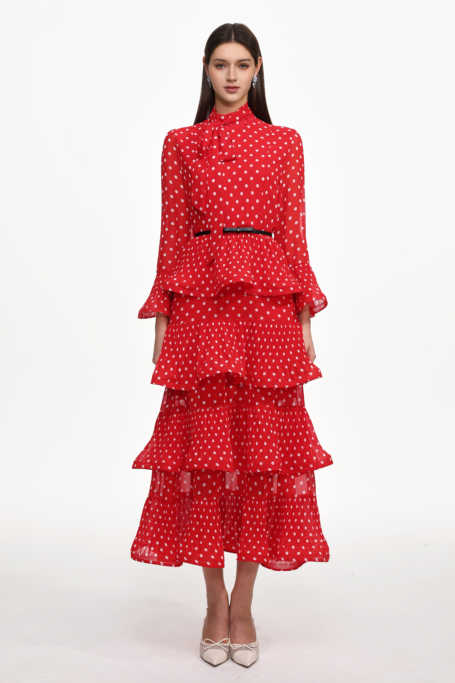 Zaina Resort Flowy Long Sleeve Ruffle Polka Dot Woven Maxi Dress