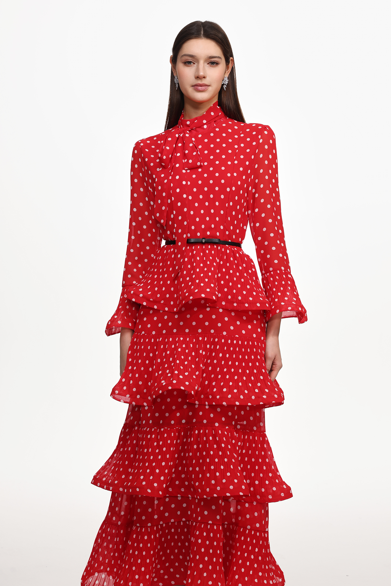 Zaina Resort Flowy Long Sleeve Ruffle Polka Dot Woven Maxi Dress