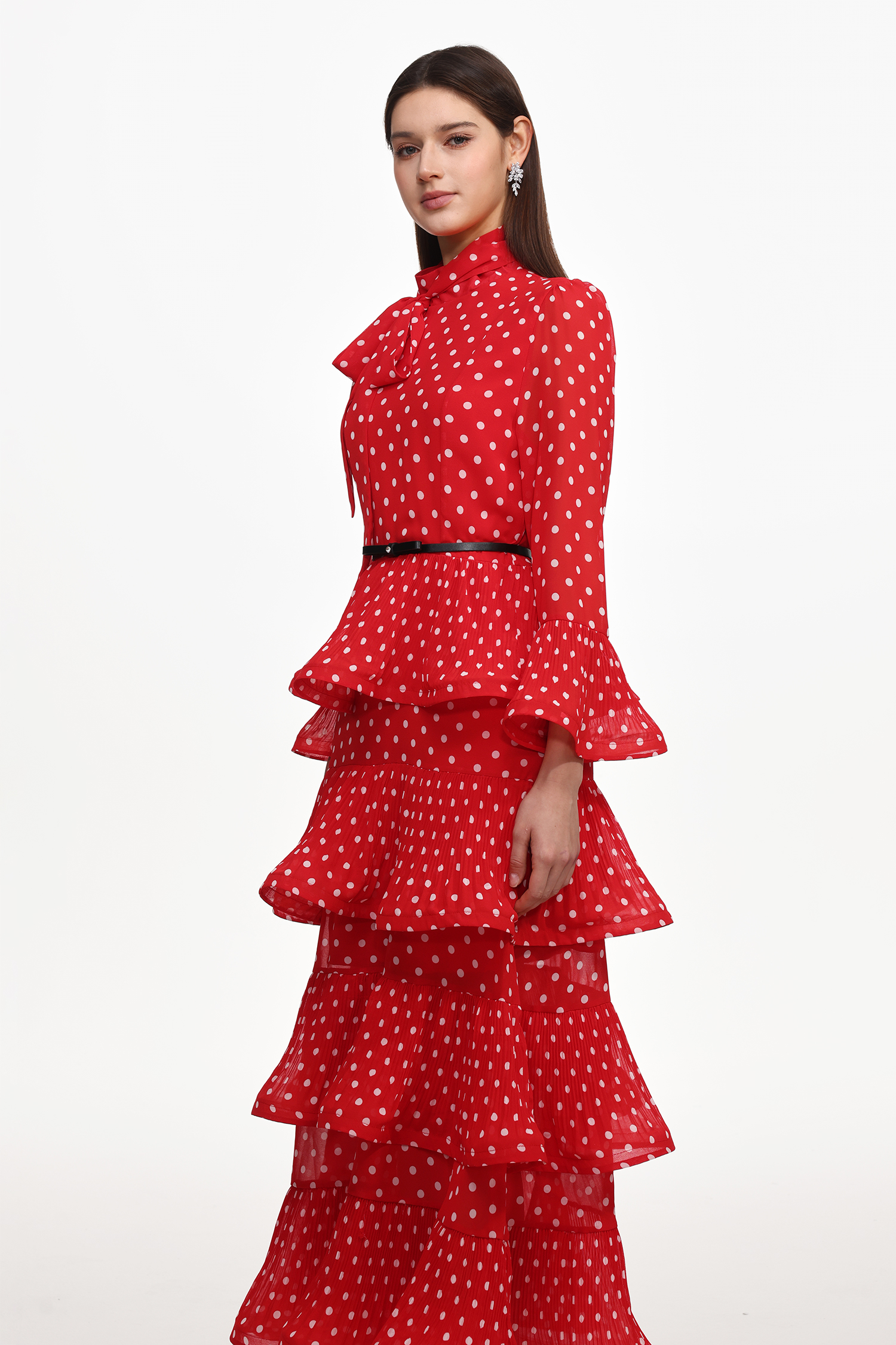 Zaina Resort Flowy Long Sleeve Ruffle Polka Dot Woven Maxi Dress