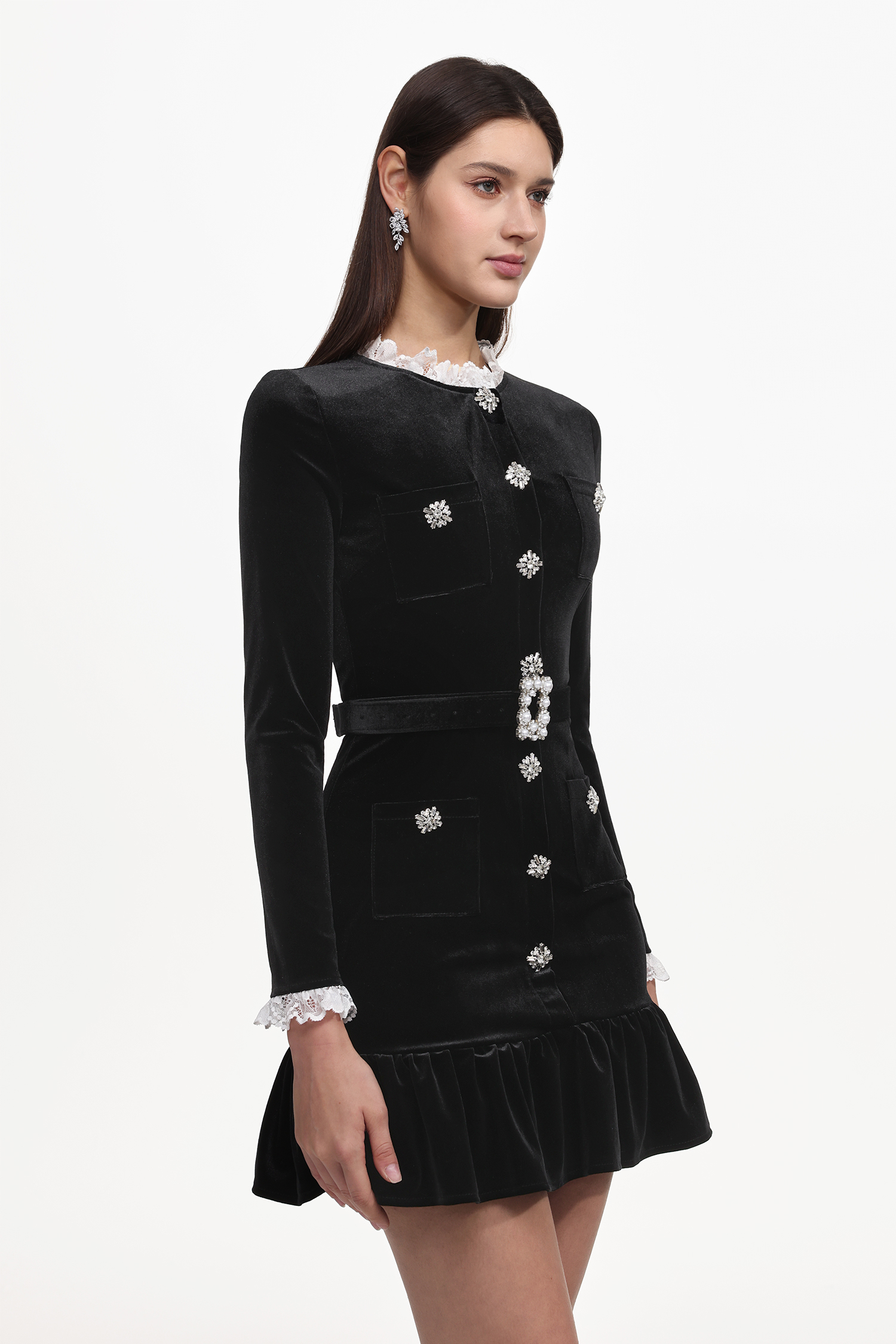 Miopa Classic Tailored Long Sleeve Rhinestone Ruffle Velvet Mini Dress