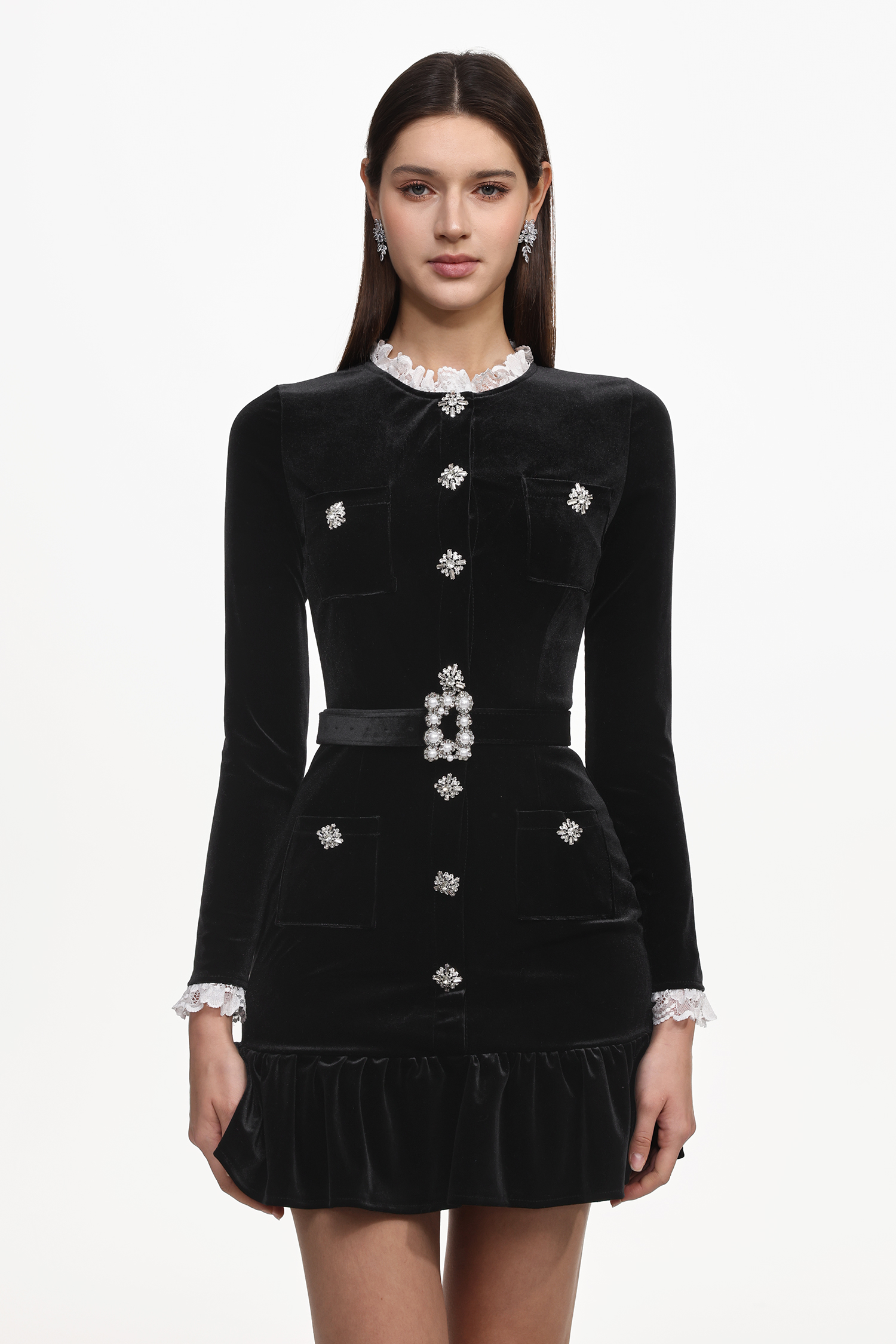 Miopa Classic Tailored Long Sleeve Rhinestone Ruffle Velvet Mini Dress