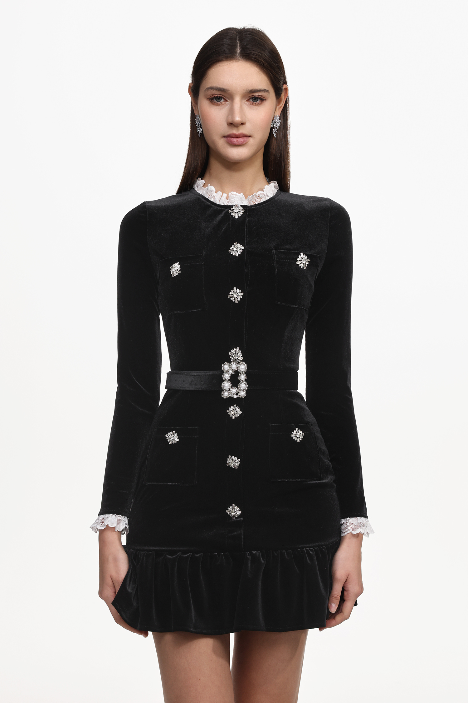 Miopa Classic Tailored Long Sleeve Rhinestone Ruffle Velvet Mini Dress