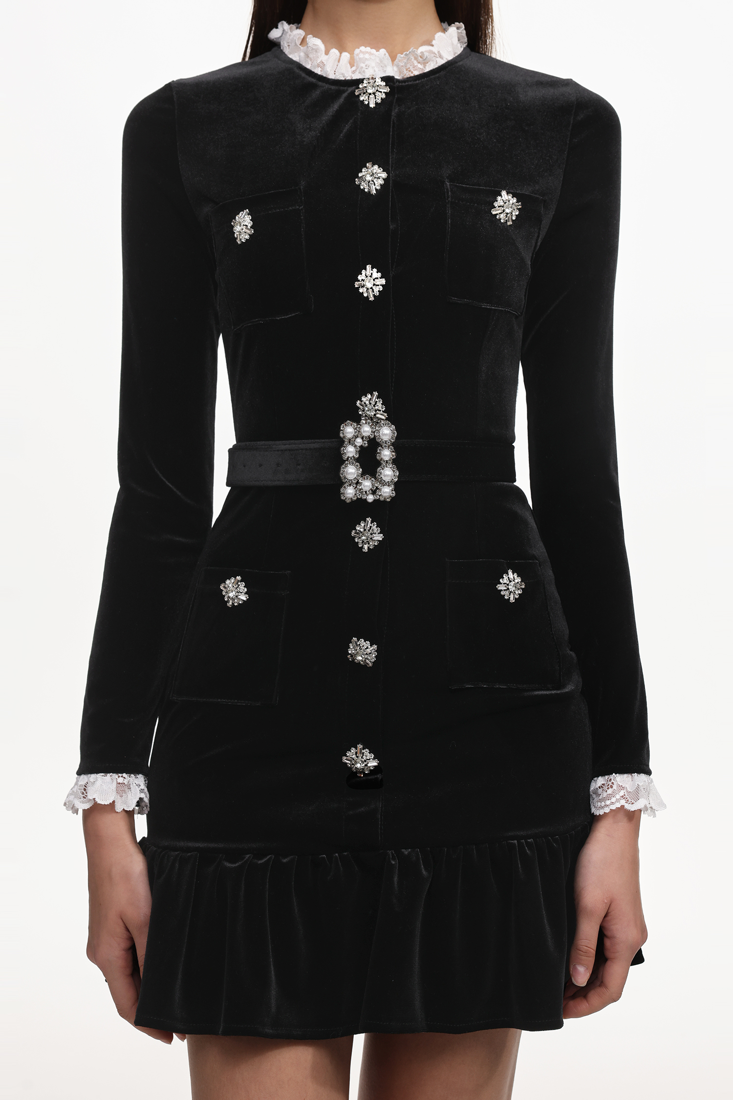 Miopa Classic Tailored Long Sleeve Rhinestone Ruffle Velvet Mini Dress